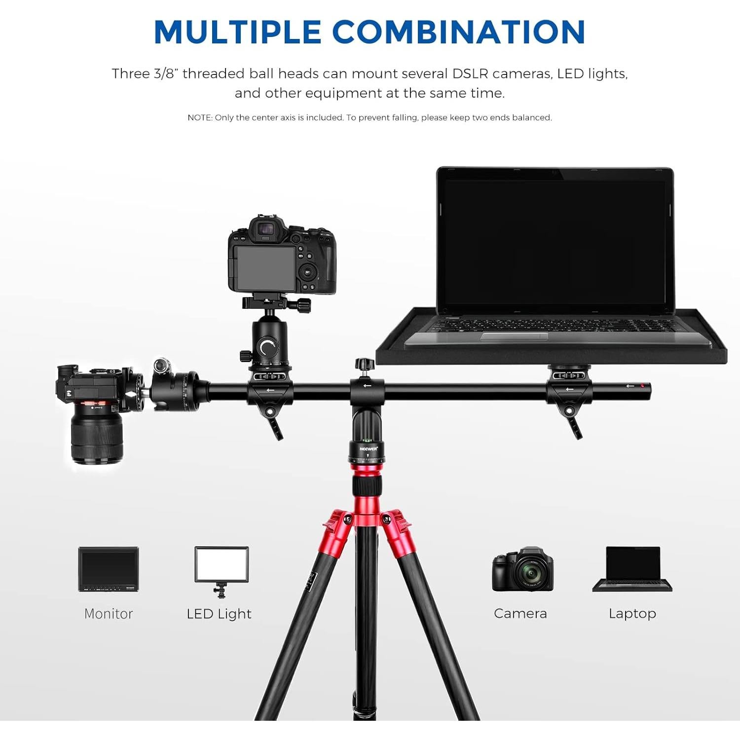 NEEWER 30"/76cm Horizontal Tripod Center Axis with 3/8" Screw, Aluminum Alloy 360° Rotatable 180°Vertical Adjustable Tripod Extension Boom Arm for Camera Macro Overhead Photography (Load up to 22lb)