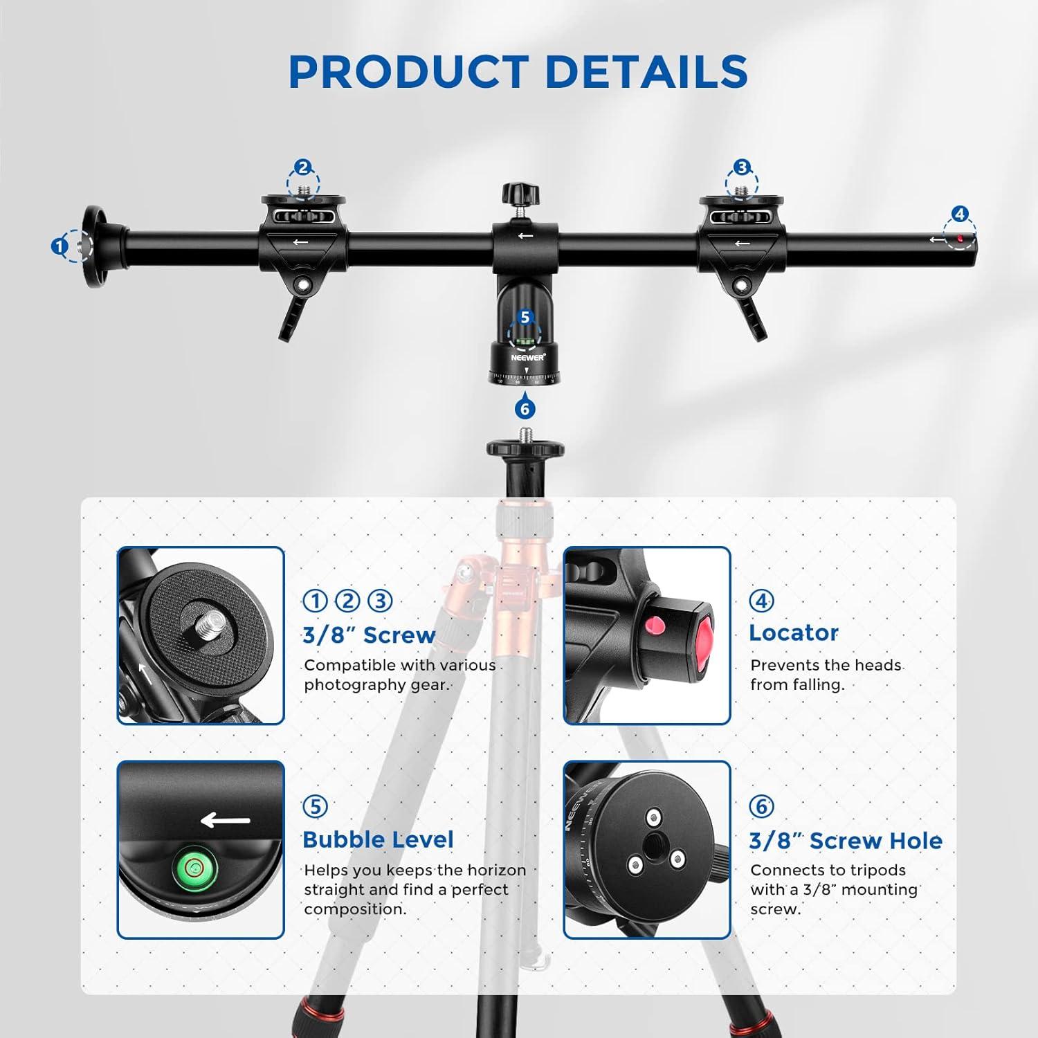 NEEWER 30"/76cm Horizontal Tripod Center Axis with 3/8" Screw, Aluminum Alloy 360° Rotatable 180°Vertical Adjustable Tripod Extension Boom Arm for Camera Macro Overhead Photography (Load up to 22lb)