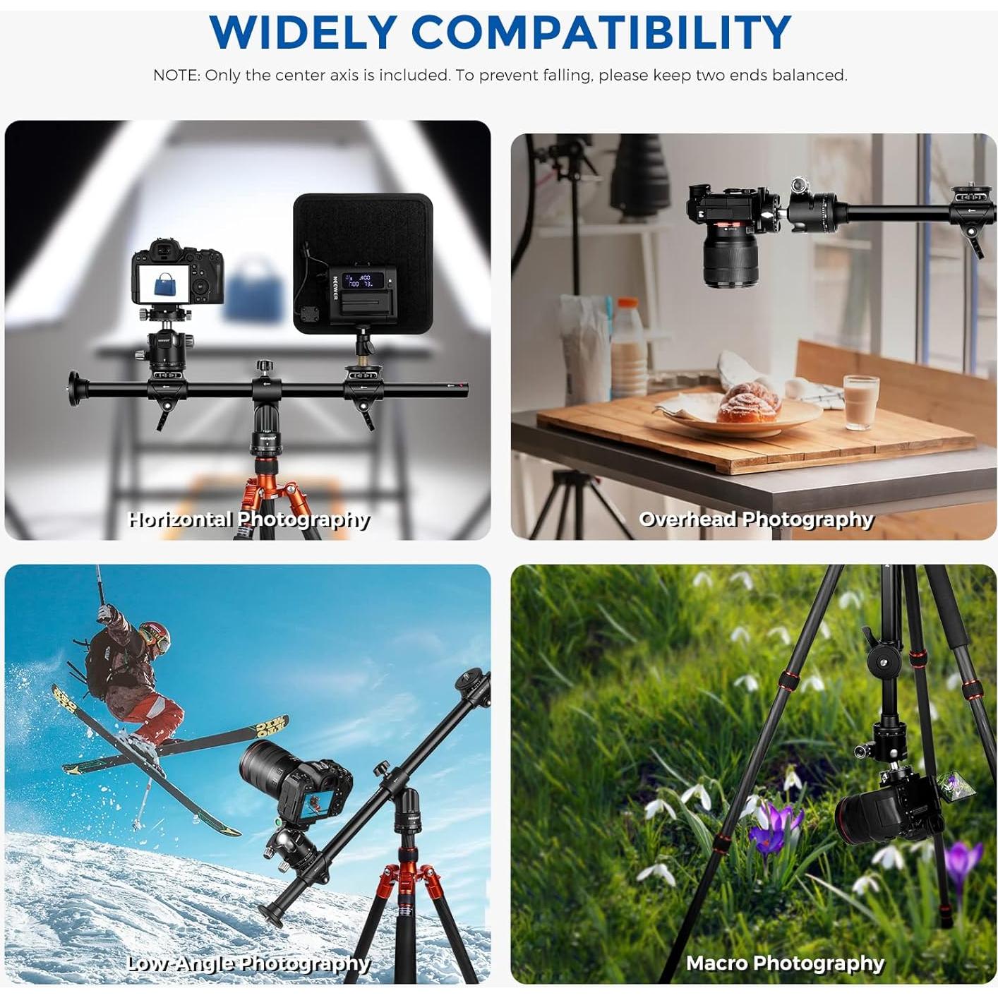 NEEWER 30"/76cm Horizontal Tripod Center Axis with 3/8" Screw, Aluminum Alloy 360° Rotatable 180°Vertical Adjustable Tripod Extension Boom Arm for Camera Macro Overhead Photography (Load up to 22lb)