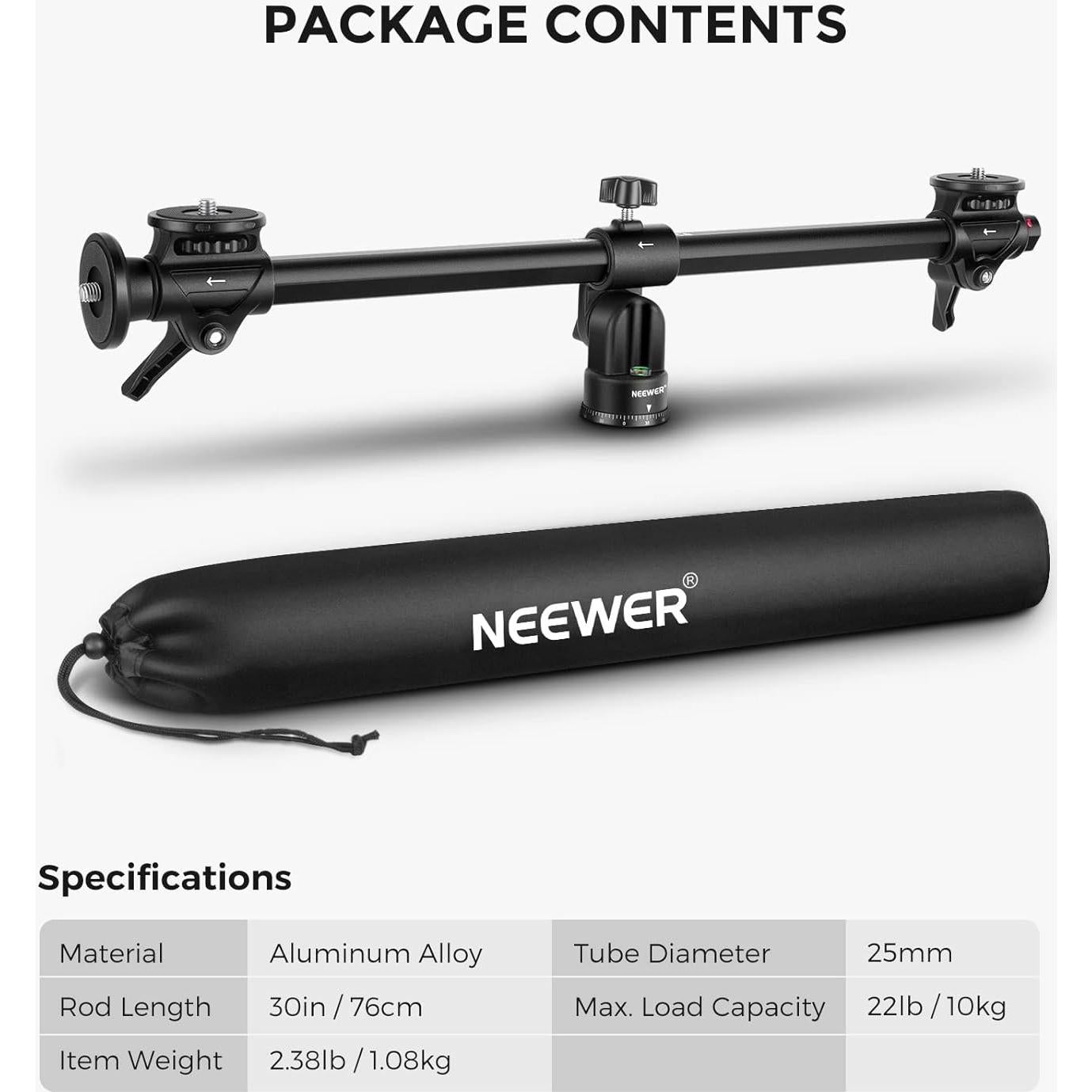 NEEWER 30"/76cm Horizontal Tripod Center Axis with 3/8" Screw, Aluminum Alloy 360° Rotatable 180°Vertical Adjustable Tripod Extension Boom Arm for Camera Macro Overhead Photography (Load up to 22lb)