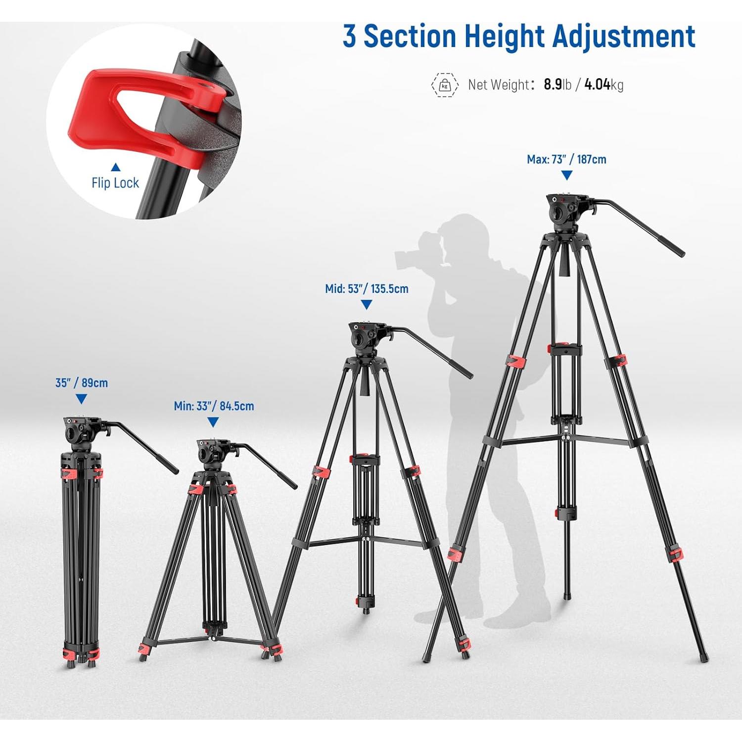 Trípode de Video NEEWER TP37 187cm con Cabeza Fluida y Luz