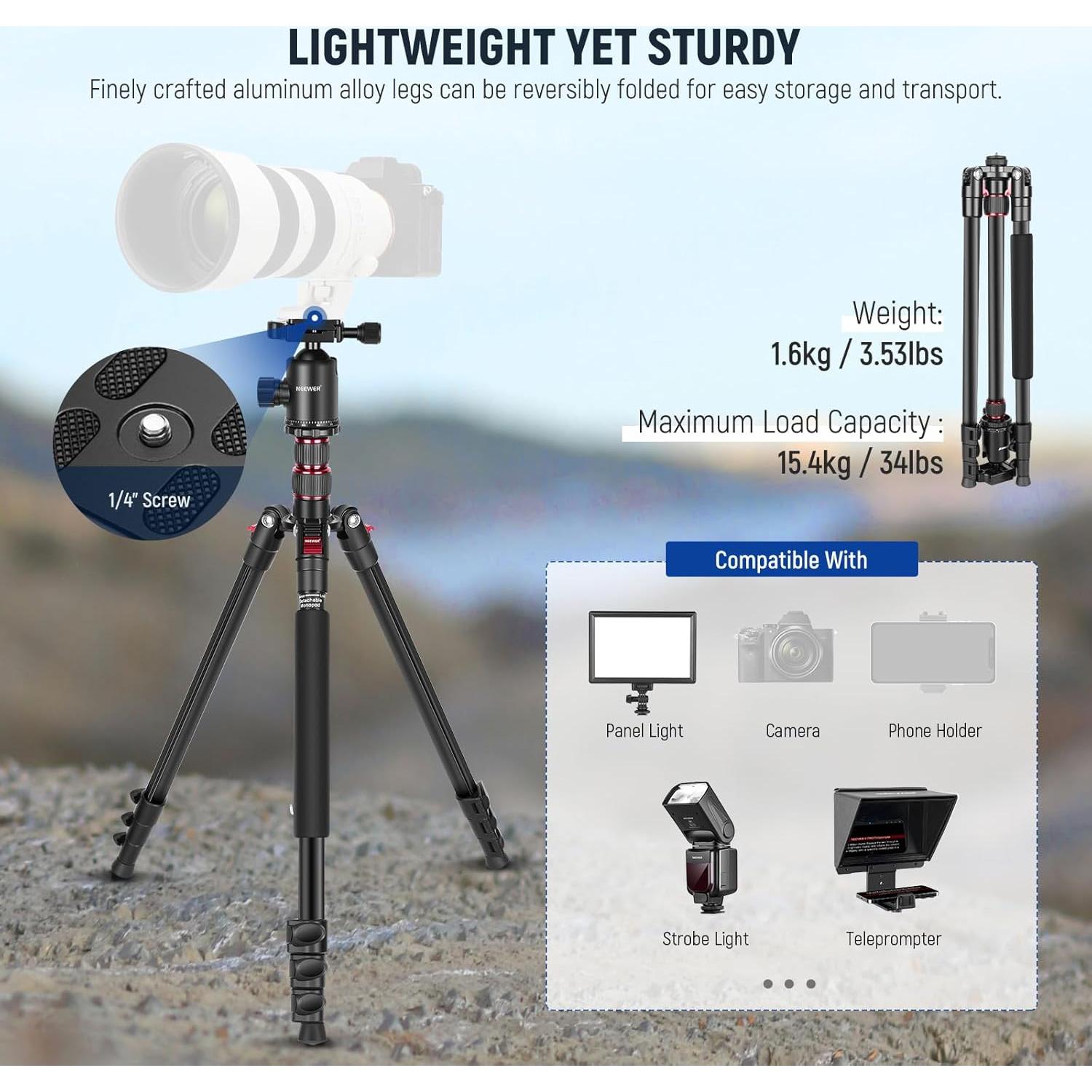 Trípode de Cámara Neewer 197cm con Soporte para Teléfono y Control Remoto