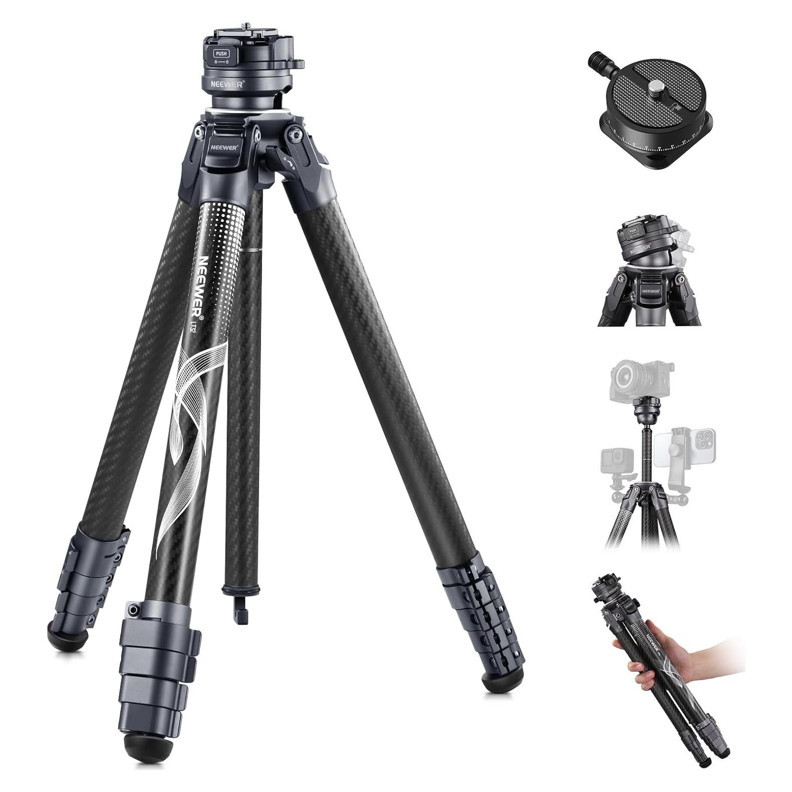 NEEWER LITETRIP LT32 62" Travel Tripod Carbon Fiber with ±15° Leveling Base, Detachable Center Axis, Fast Flip Buckle, 360° Pan Arca Type QR Plate Compatible with PD