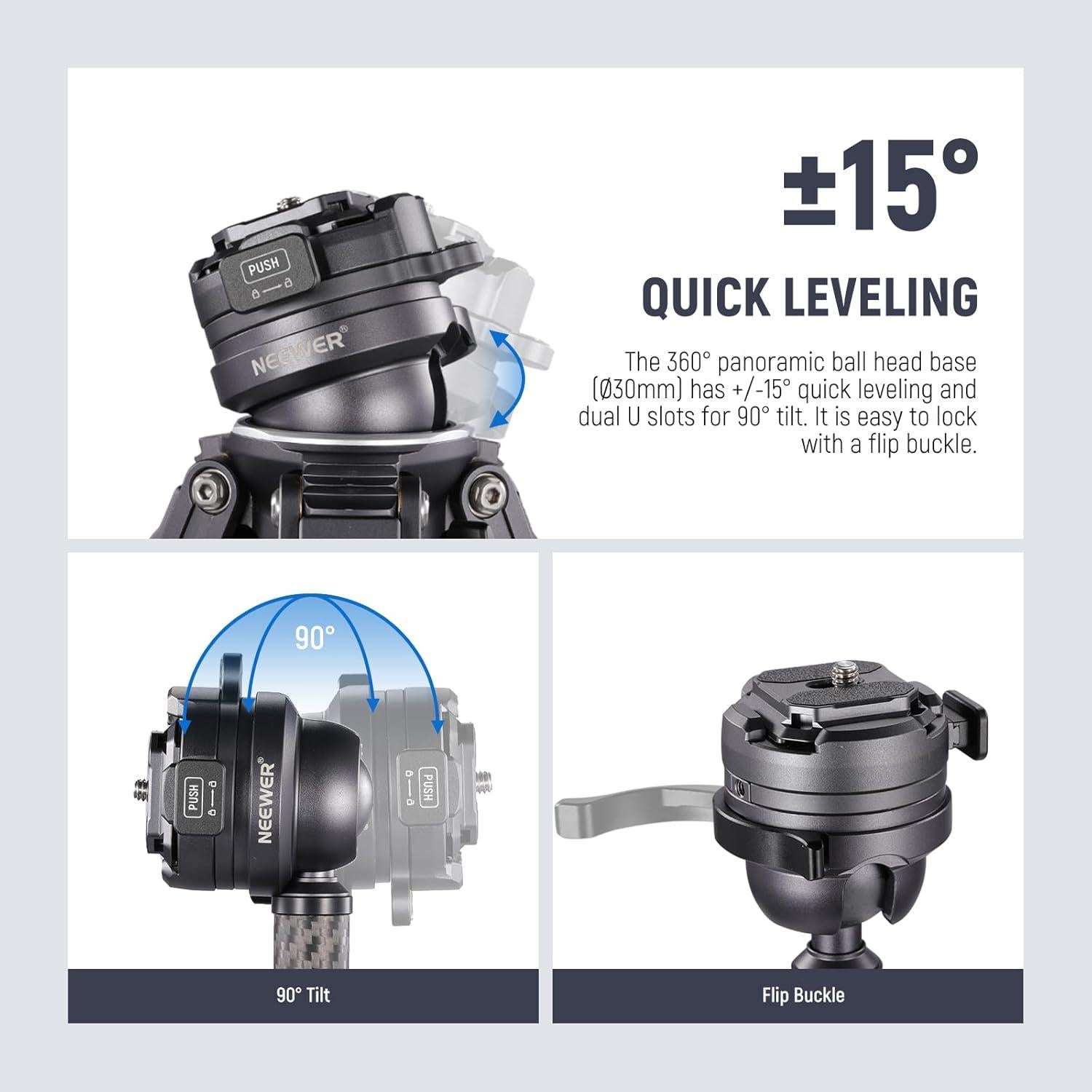 NEEWER LITETRIP LT32 62" Travel Tripod Carbon Fiber with ±15° Leveling Base, Detachable Center Axis, Fast Flip Buckle, 360° Pan Arca Type QR Plate Compatible with PD