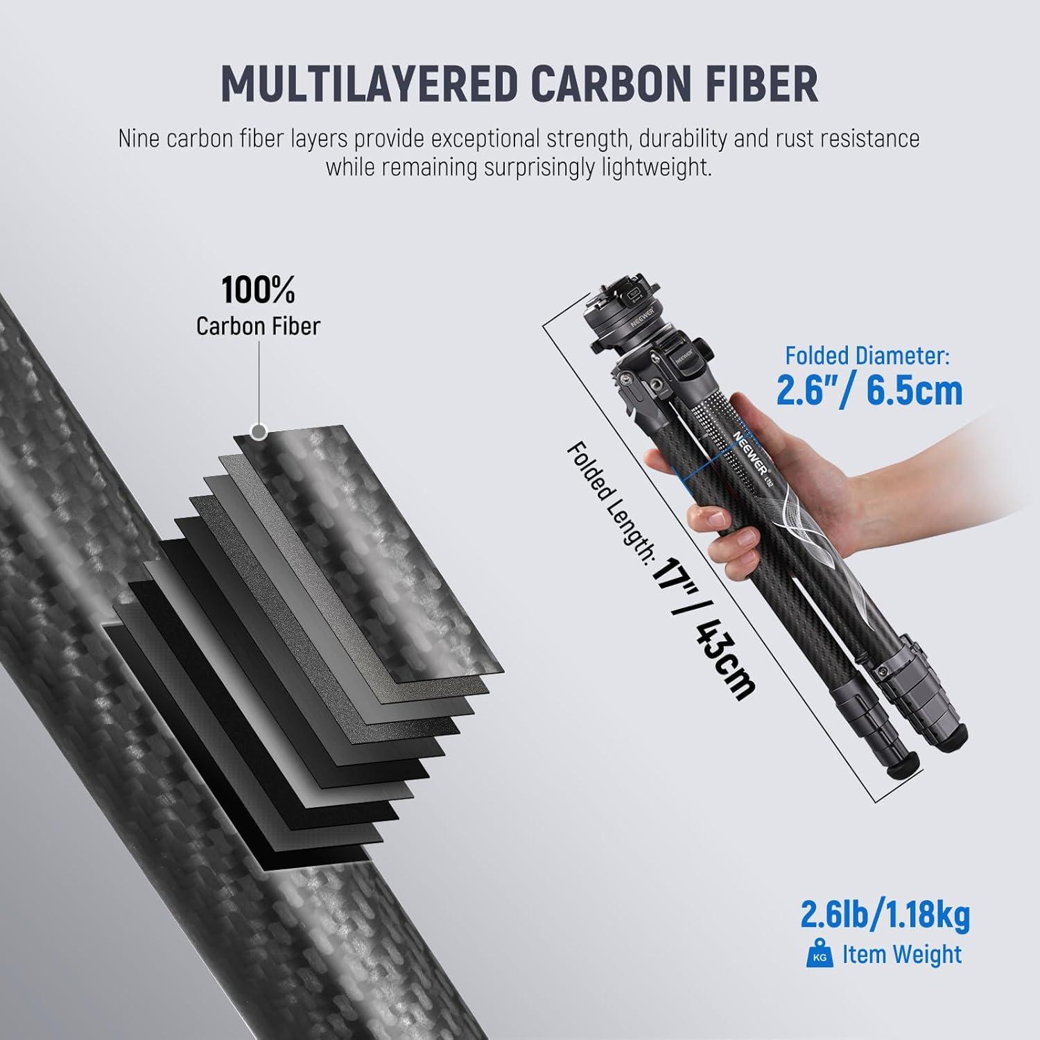NEEWER LITETRIP LT32 62" Travel Tripod Carbon Fiber with ±15° Leveling Base, Detachable Center Axis, Fast Flip Buckle, 360° Pan Arca Type QR Plate Compatible with PD