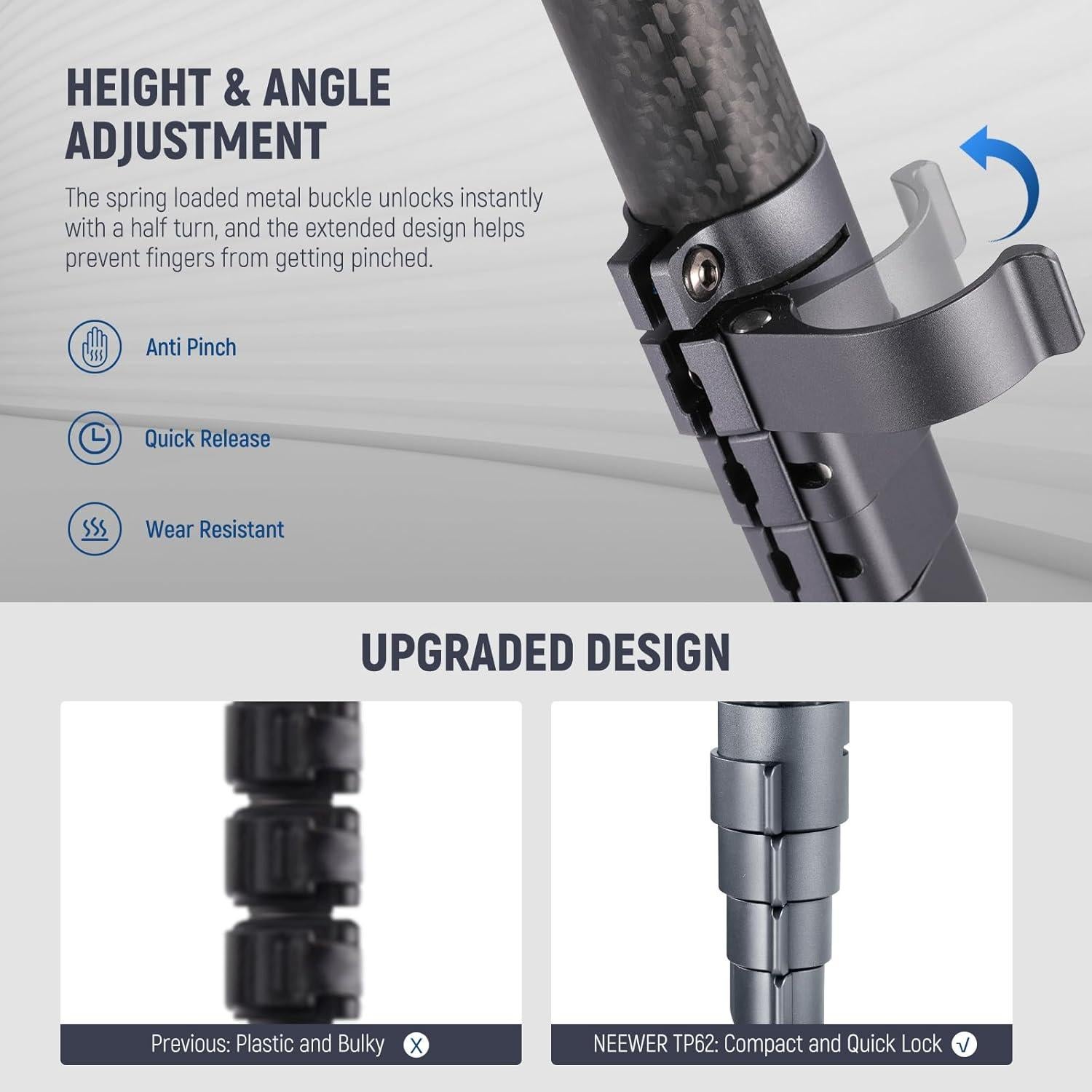 NEEWER LITETRIP LT32 62" Travel Tripod Carbon Fiber with ±15° Leveling Base, Detachable Center Axis, Fast Flip Buckle, 360° Pan Arca Type QR Plate Compatible with PD