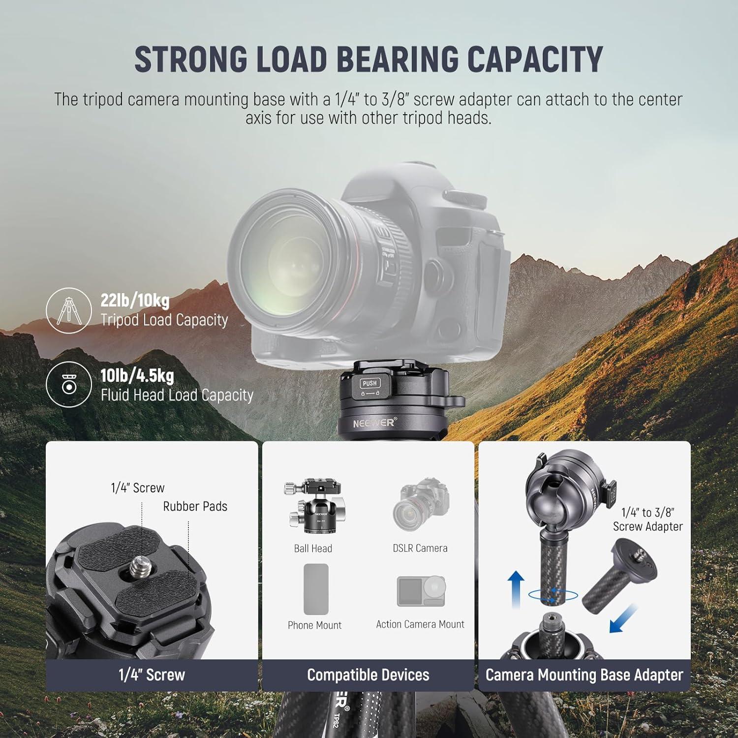 NEEWER LITETRIP LT32 62" Travel Tripod Carbon Fiber with ±15° Leveling Base, Detachable Center Axis, Fast Flip Buckle, 360° Pan Arca Type QR Plate Compatible with PD