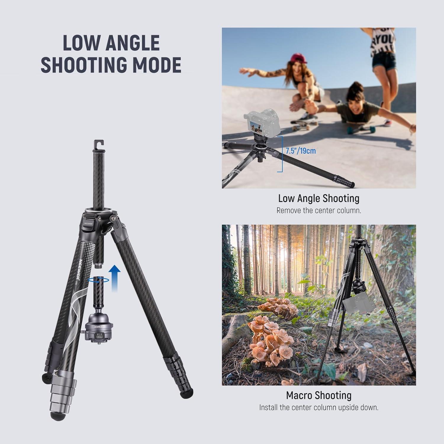 NEEWER LITETRIP LT32 62" Travel Tripod Carbon Fiber with ±15° Leveling Base, Detachable Center Axis, Fast Flip Buckle, 360° Pan Arca Type QR Plate Compatible with PD