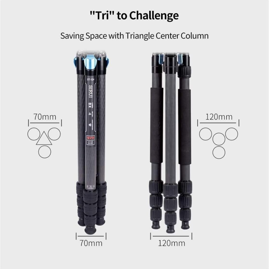 ST-124+VA-5 Carbon Fiber Tripod with Fluid Video Head, Triangular Centre Column, Waterproof,4 Sections, 62.2inch, Load 6.61lbs