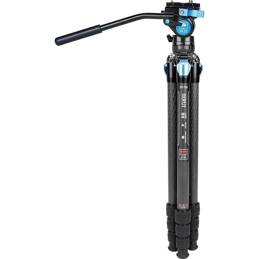 ST-124+VA-5 Carbon Fiber Tripod with Fluid Video Head, Triangular Centre Column, Waterproof,4 Sections, 62.2inch, Load 6.61lbs