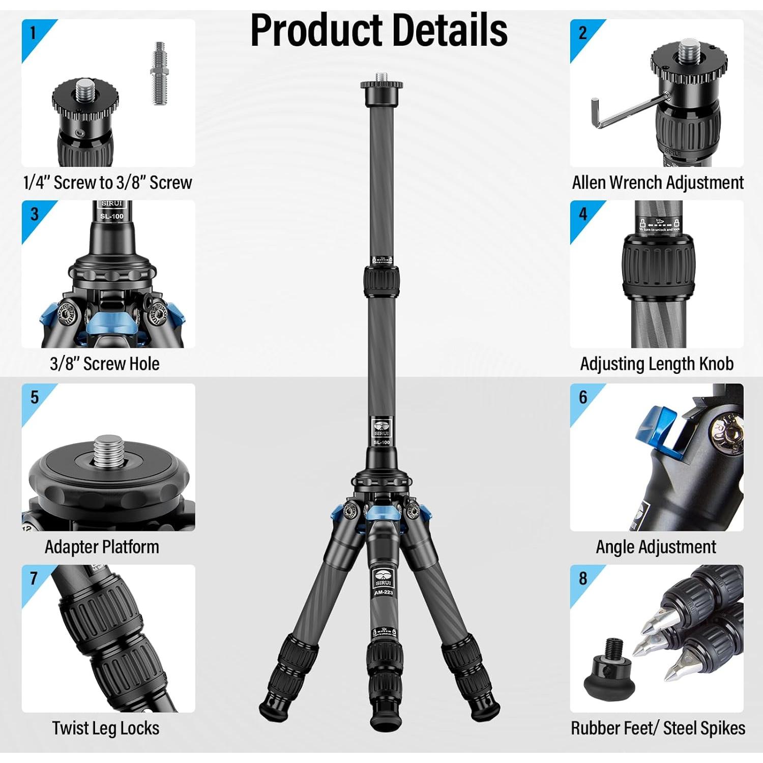 Trípode Mini de Viaje SIRUI AM-223+SL-100 Fibra de Carbono 66cm