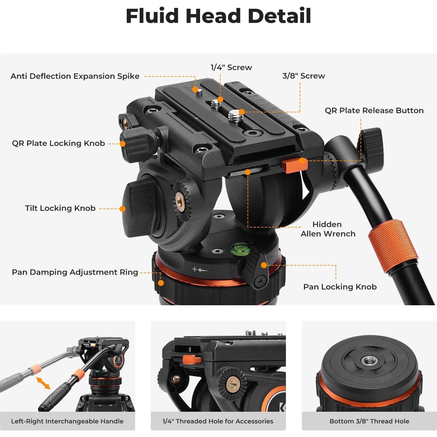 Trípode de Video K&F Concept 191cm con Cabezal Fluido 8kg