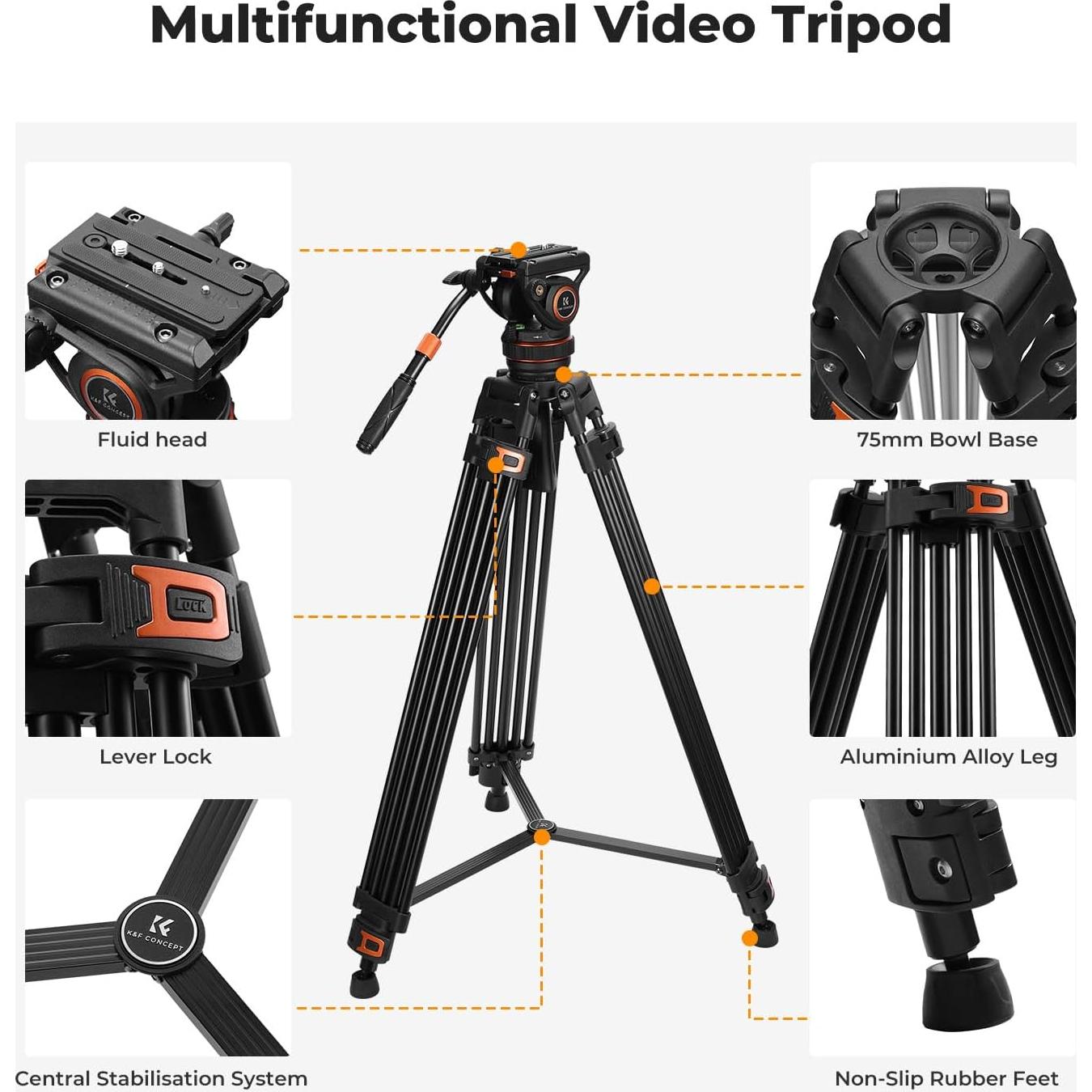 Trípode de Video K&F Concept 191cm con Cabezal Fluido 8kg