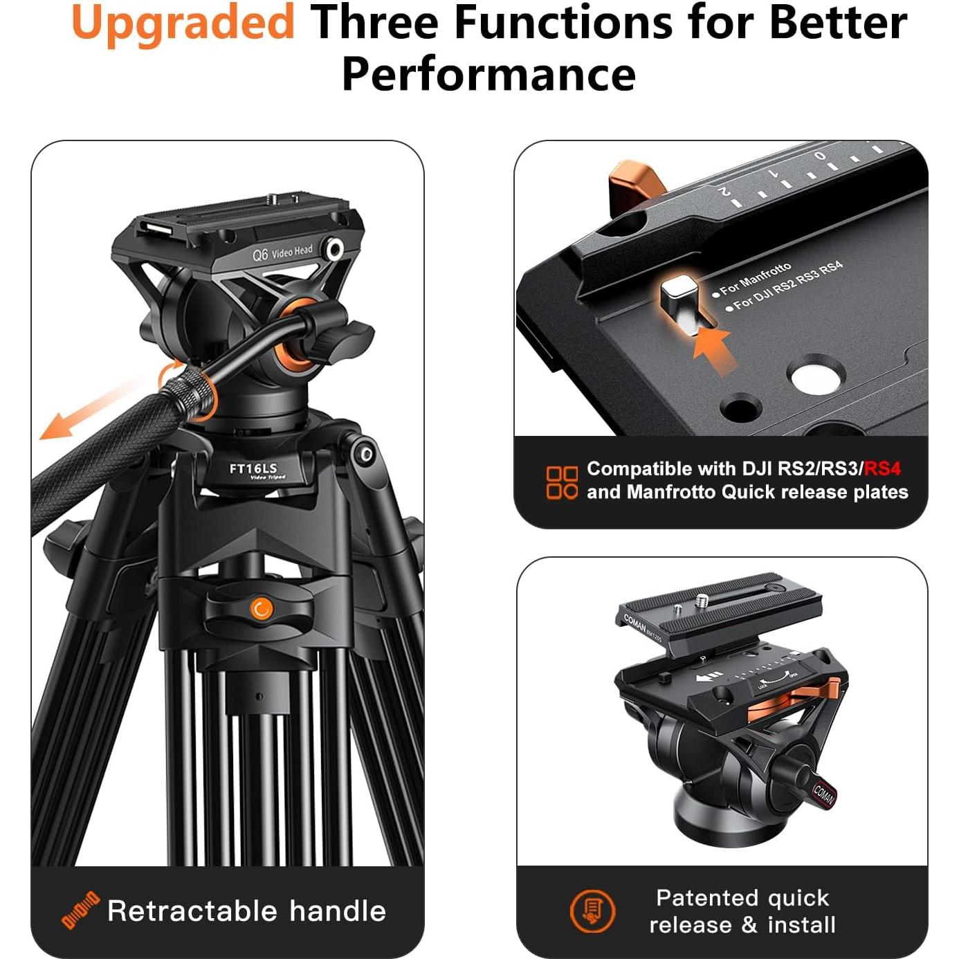 Trípode de Video COMAN FT16LS 190 cm con Cabezal Fluido Q6