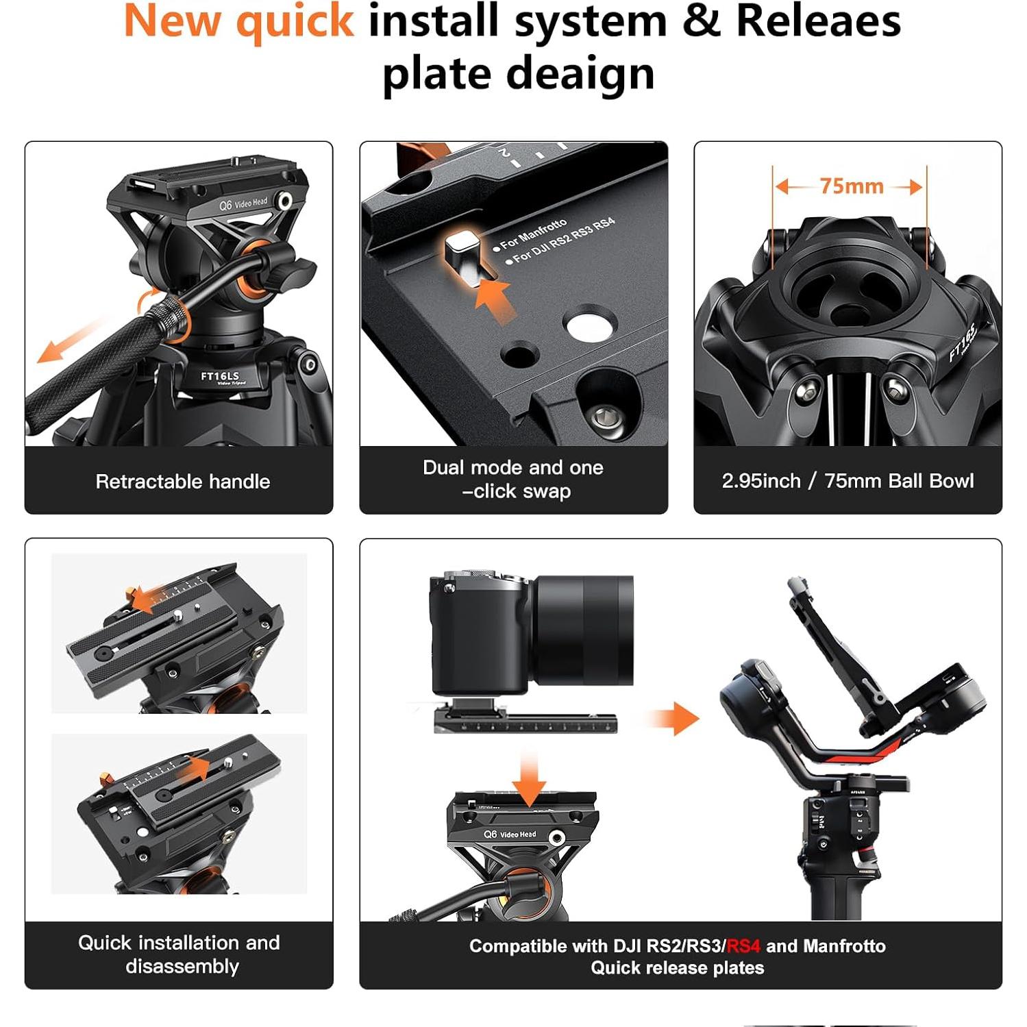 Trípode de Video COMAN FT16LS 190 cm con Cabezal Fluido Q6