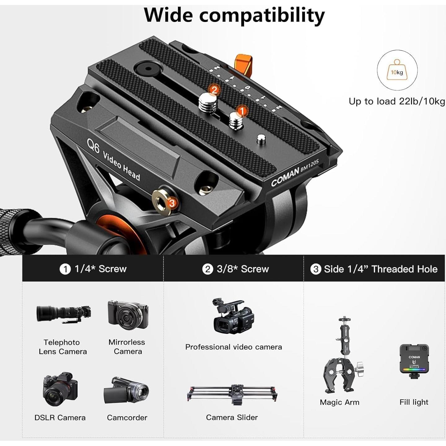 Trípode de Video COMAN FT16LS 190 cm con Cabezal Fluido Q6