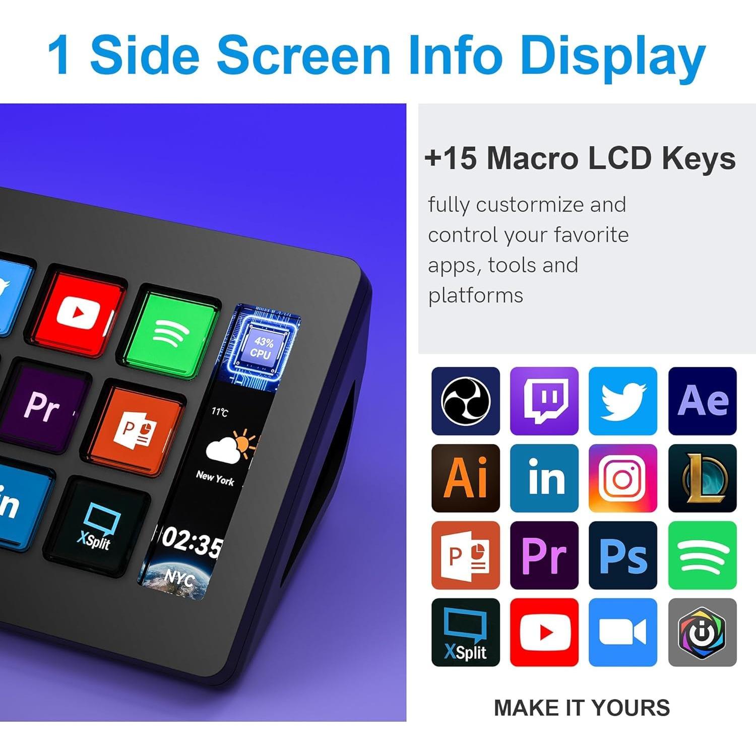 D15 Stream Controller, Production Console for Livestream Audio Video Design, 15 Custom Macro LCD Keys, 1 Side Info Screen Display, Trigger Actions in OBS Studio Streamlabs Twitch YouTube, Black