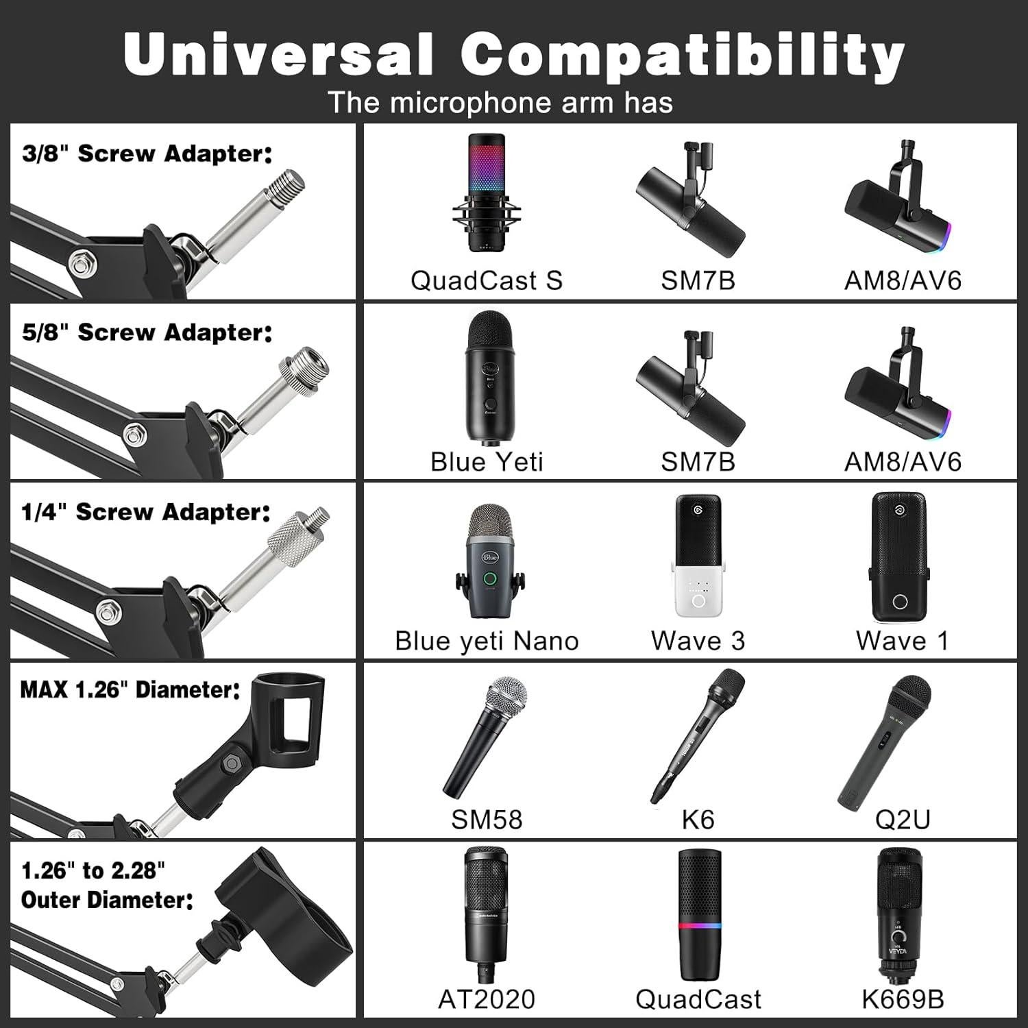 Brazo de Micrófono Profesional Aluminio Negro con Adaptadores