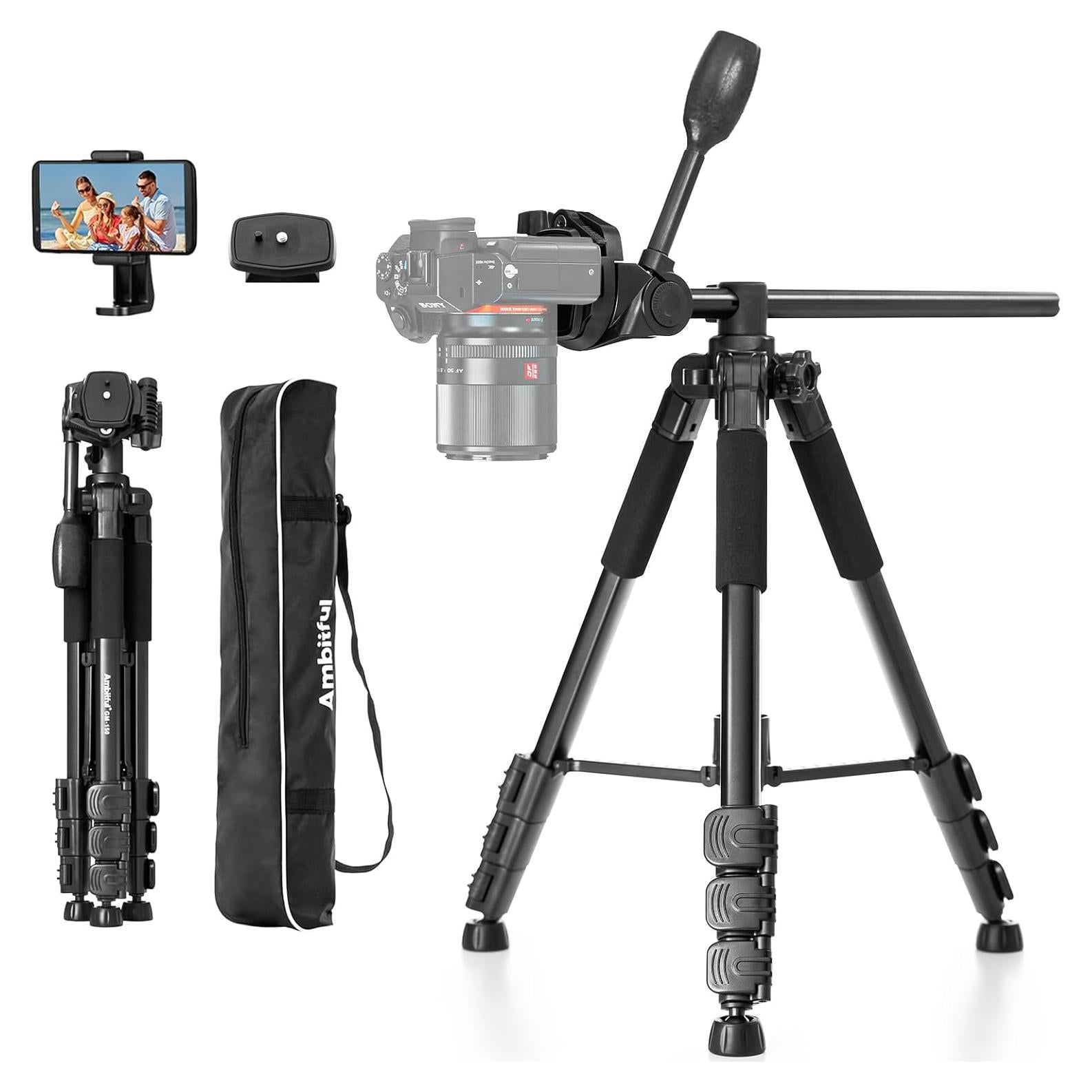 Ambitful 62" Professional Camera Tripod, Black - Removable Horizontal Mount for DSLR/Phone/Camcorder/Spotting Scopes, Tall Video Recording
