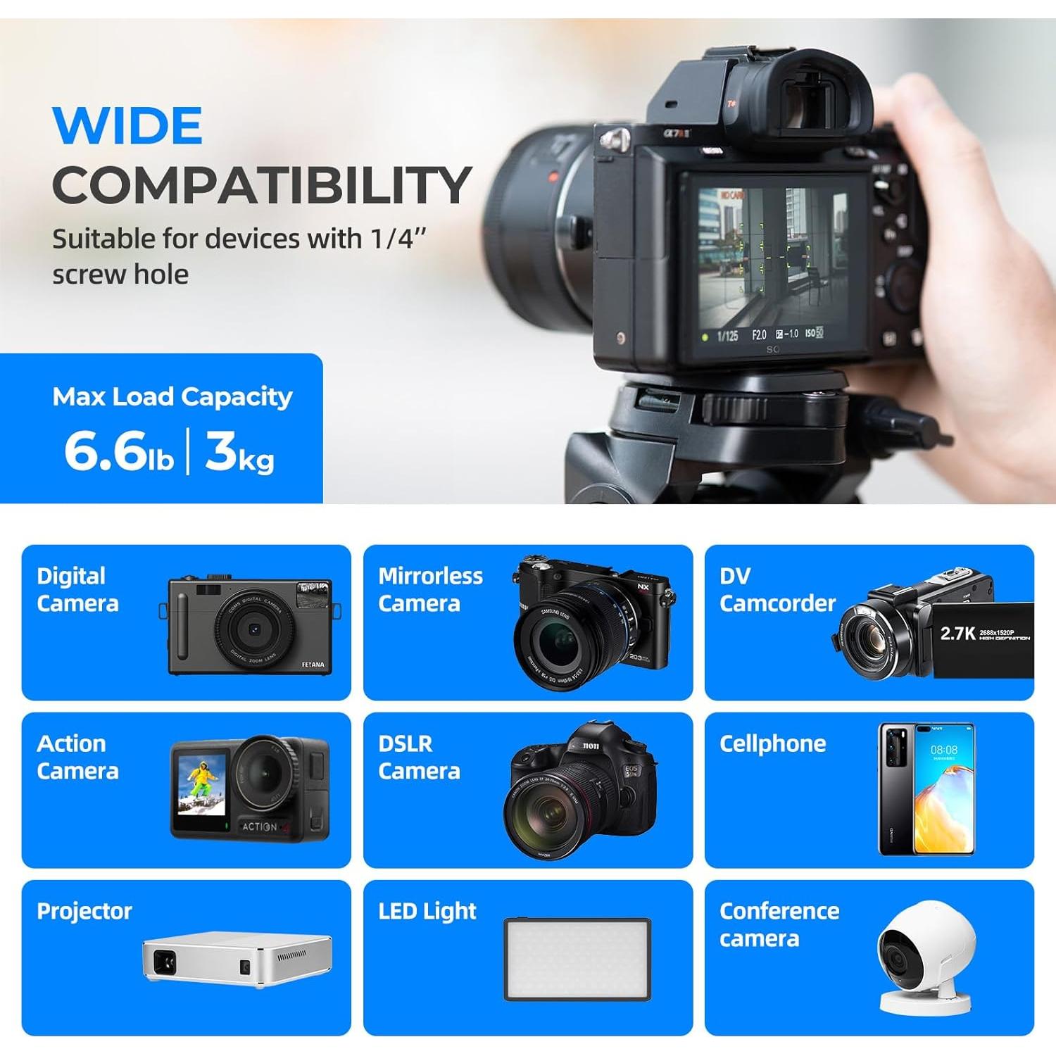 Ambitful 62" Professional Camera Tripod, Black - Removable Horizontal Mount for DSLR/Phone/Camcorder/Spotting Scopes, Tall Video Recording