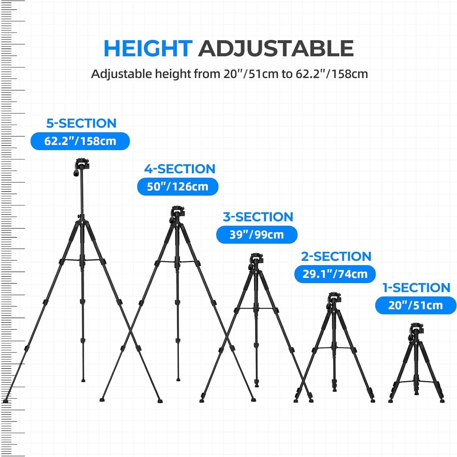Ambitful 62" Professional Camera Tripod, Black - Removable Horizontal Mount for DSLR/Phone/Camcorder/Spotting Scopes, Tall Video Recording