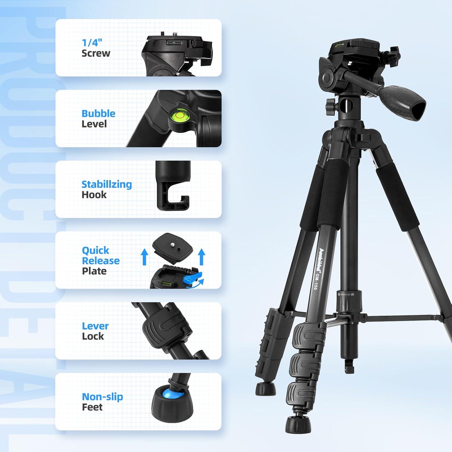 Ambitful 62" Professional Camera Tripod, Black - Removable Horizontal Mount for DSLR/Phone/Camcorder/Spotting Scopes, Tall Video Recording