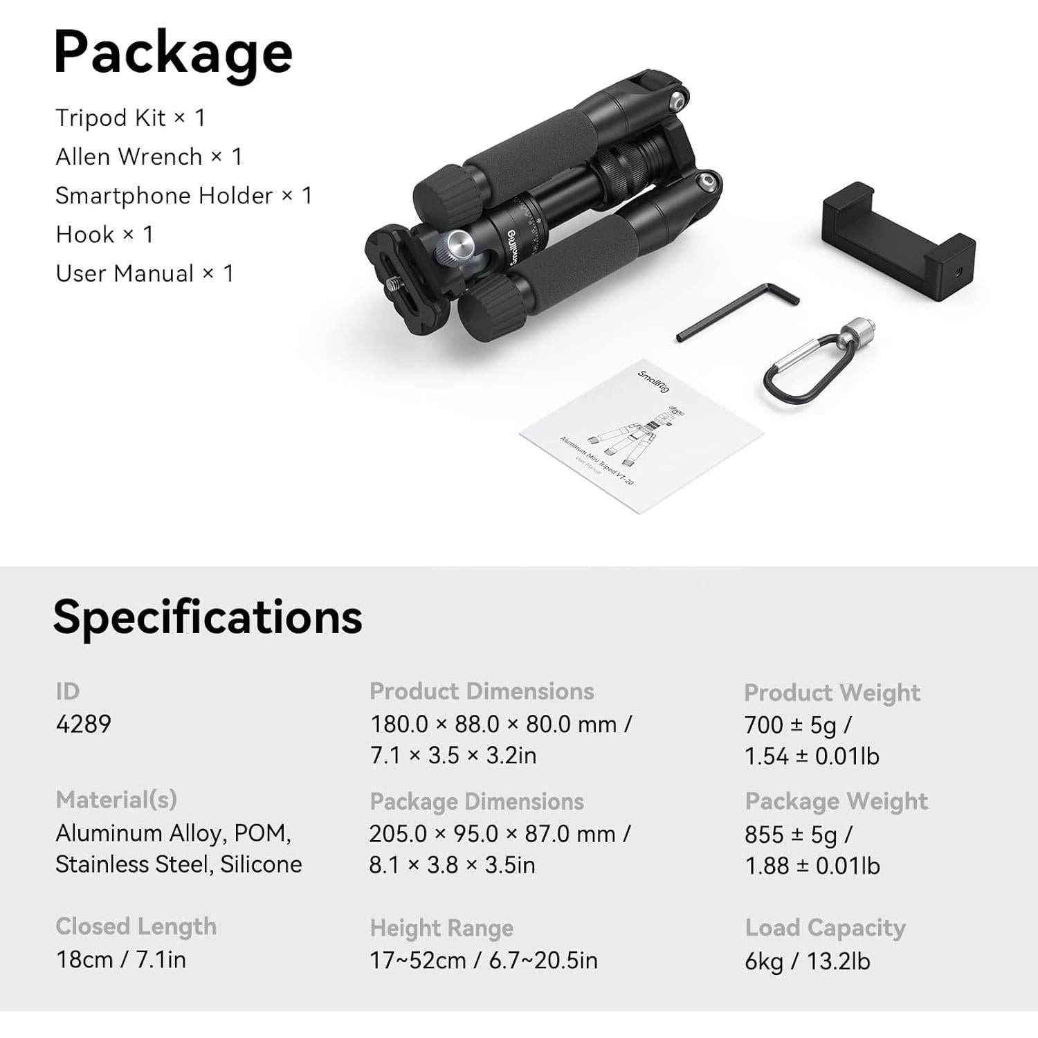 Trípode Mini de Aluminio SmallRig VT-20 para Cámara DSLR 50.8 cm