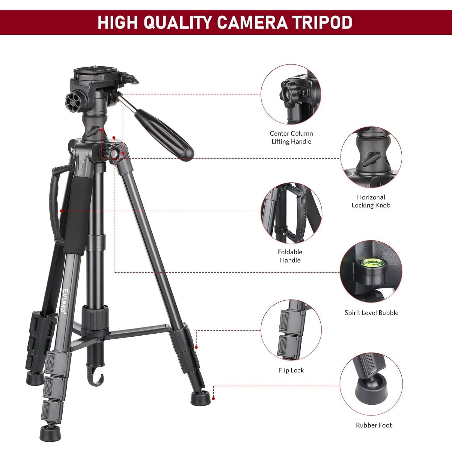 Trípode Profesional EVUMO HF3 para Cámara y Teléfono 65.7"