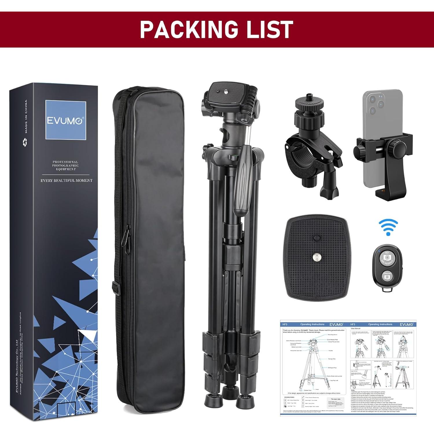 Trípode Profesional EVUMO HF3 para Cámara y Teléfono 65.7"