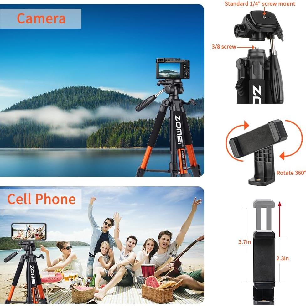 Trípode para cámaras Q188 Naranja 187.96 cm con soporte para teléfono