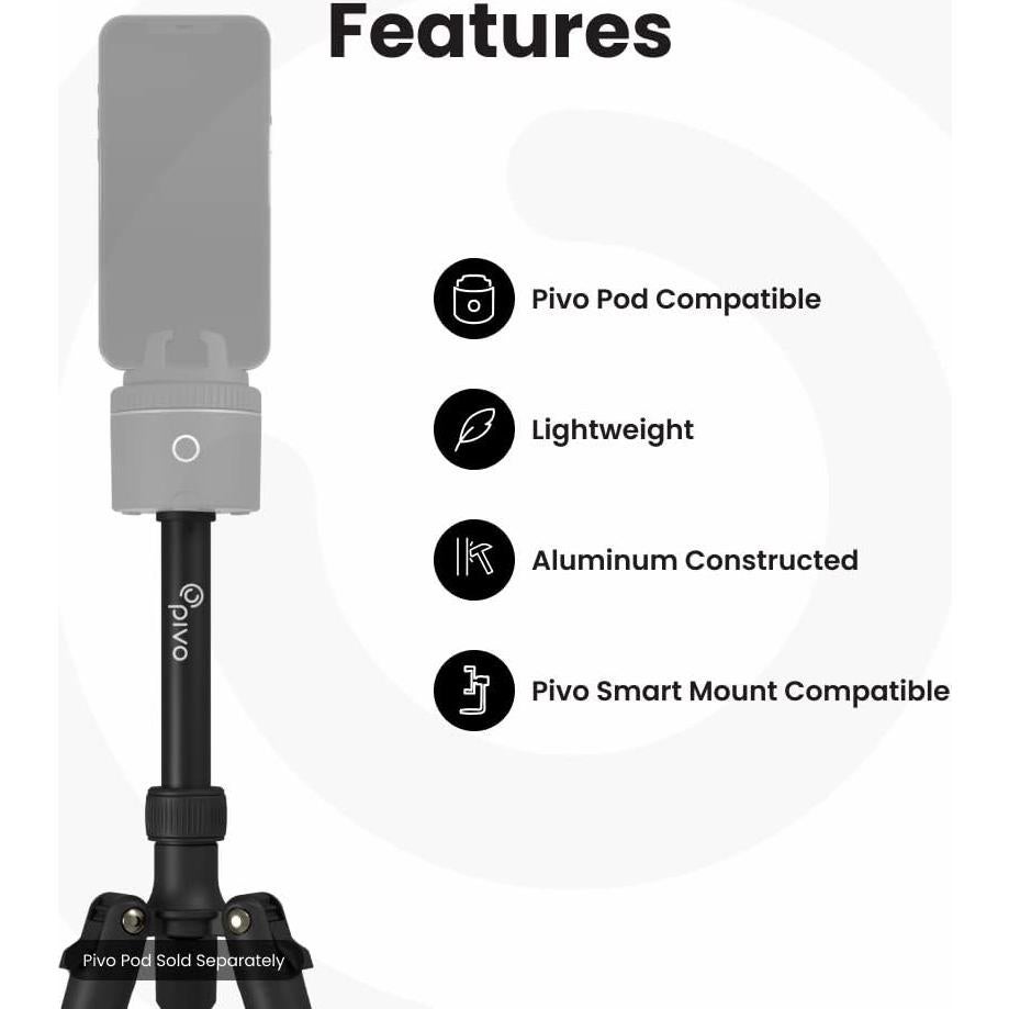 Pivo 63" Extendable Cell Phone & Camera Tripod with Sturdy, Lightweight, Portable, Foldable Stand for Video Recording with Universal 1/4"" Thread for DSLR, Smartphone, Action Camera & Pivo Pods