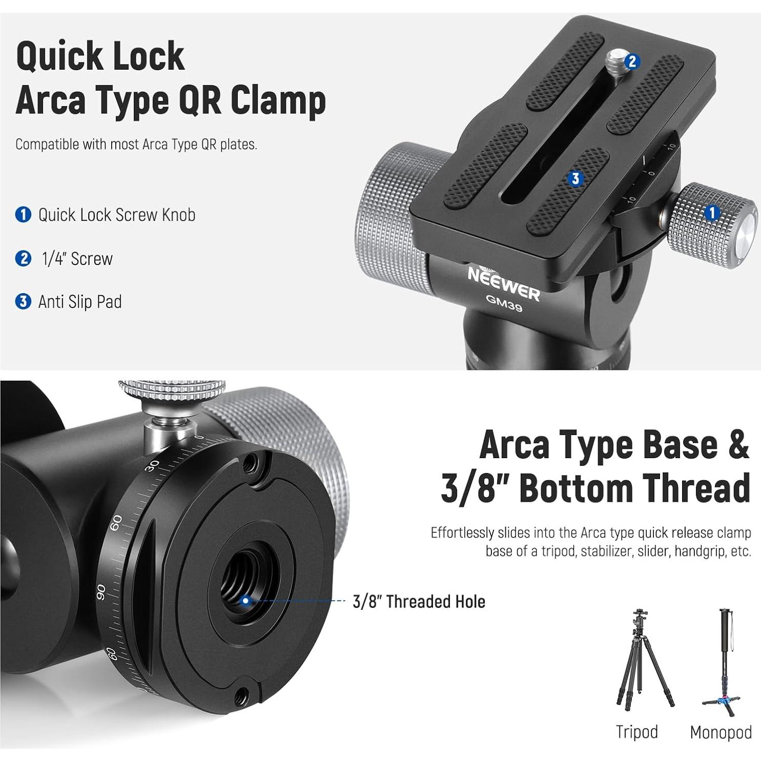 Cabezal de Trípode NEEWER GM39 Pan 360° Inclinación 90° Metal