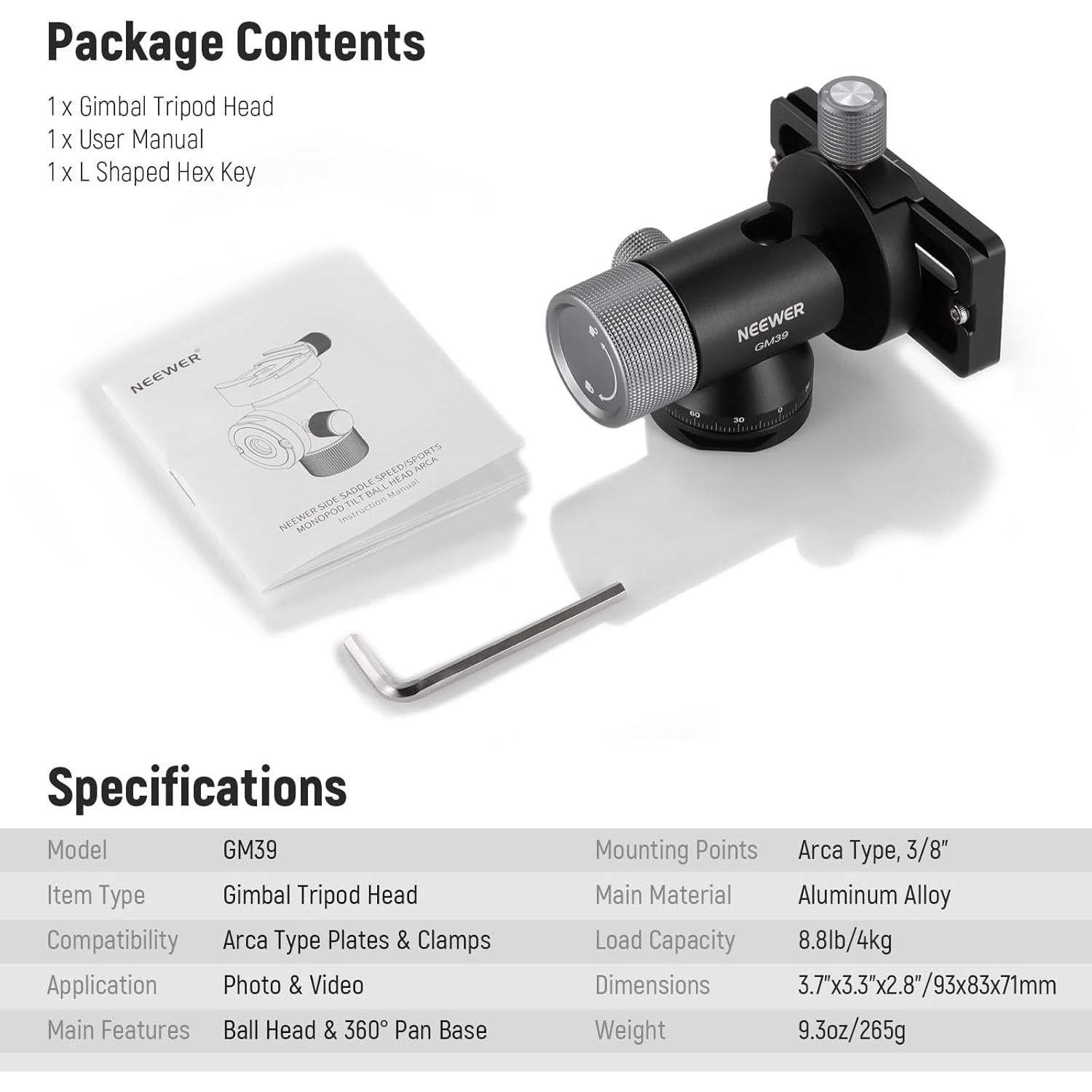 Cabezal de Trípode NEEWER GM39 Pan 360° Inclinación 90° Metal