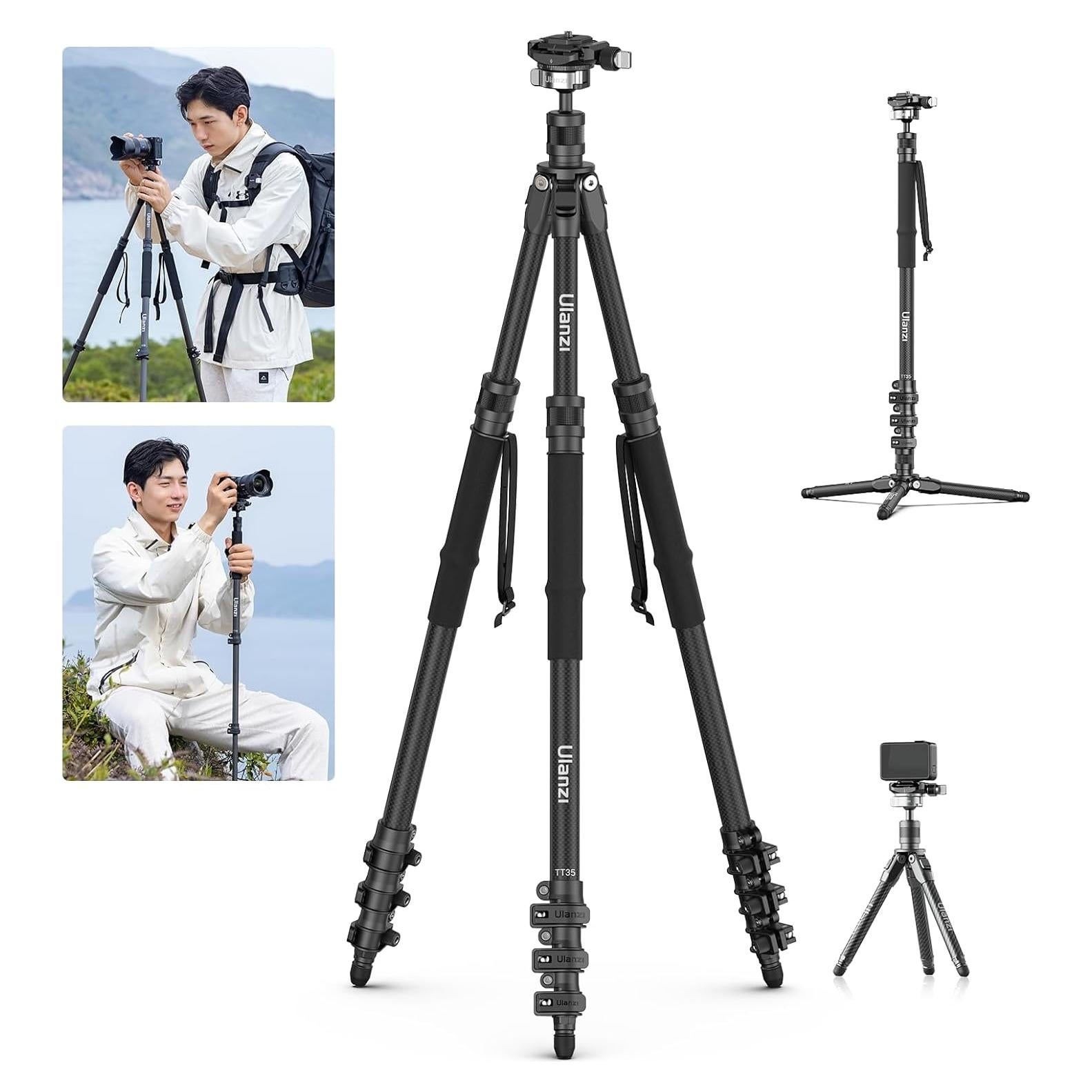 Ulanzi TT35 Hiking Stick Tripod Kit, Travel Camera Monopod, 57.48" Detachable Carbon Fiber Stand Kit with 3 Hiking Pole & Mini Tripod & Removable Arca QR for DSLR Camera Camcorder