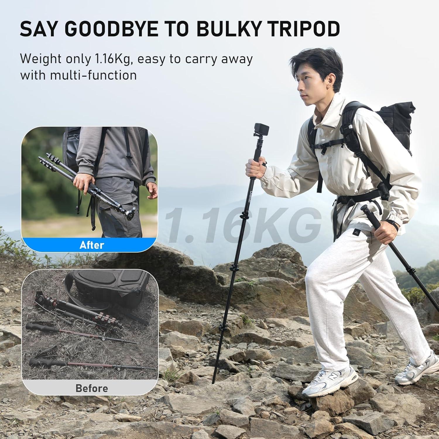 Ulanzi TT35 Hiking Stick Tripod Kit, Travel Camera Monopod, 57.48" Detachable Carbon Fiber Stand Kit with 3 Hiking Pole & Mini Tripod & Removable Arca QR for DSLR Camera Camcorder