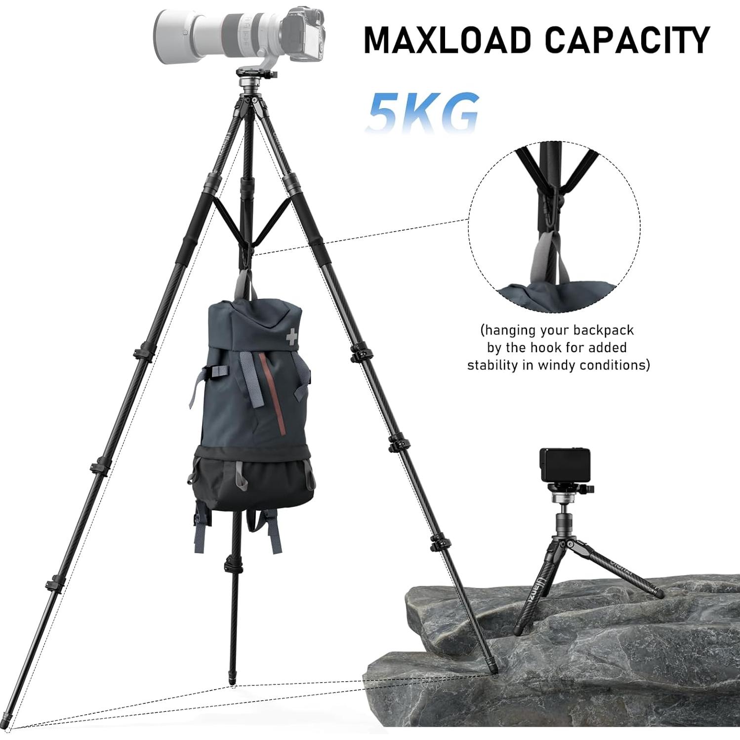 Ulanzi TT35 Hiking Stick Tripod Kit, Travel Camera Monopod, 57.48" Detachable Carbon Fiber Stand Kit with 3 Hiking Pole & Mini Tripod & Removable Arca QR for DSLR Camera Camcorder