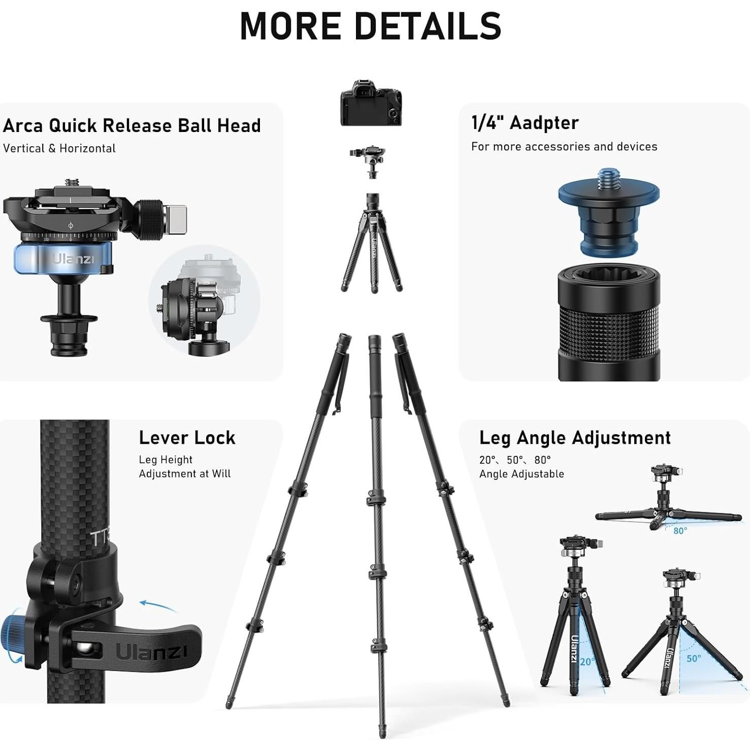Ulanzi TT35 Hiking Stick Tripod Kit, Travel Camera Monopod, 57.48" Detachable Carbon Fiber Stand Kit with 3 Hiking Pole & Mini Tripod & Removable Arca QR for DSLR Camera Camcorder