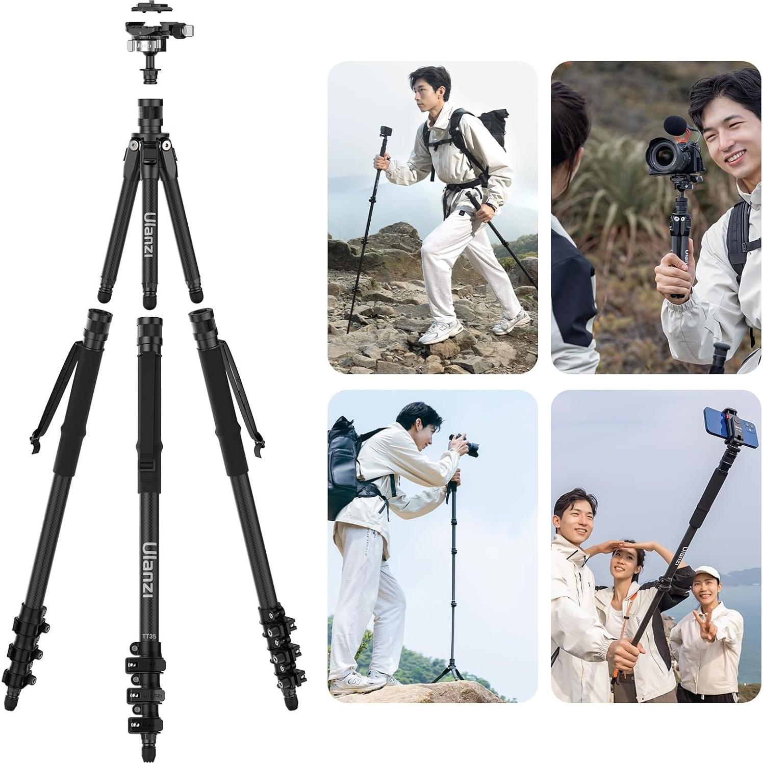 Ulanzi TT35 Hiking Stick Tripod Kit, Travel Camera Monopod, 57.48" Detachable Carbon Fiber Stand Kit with 3 Hiking Pole & Mini Tripod & Removable Arca QR for DSLR Camera Camcorder