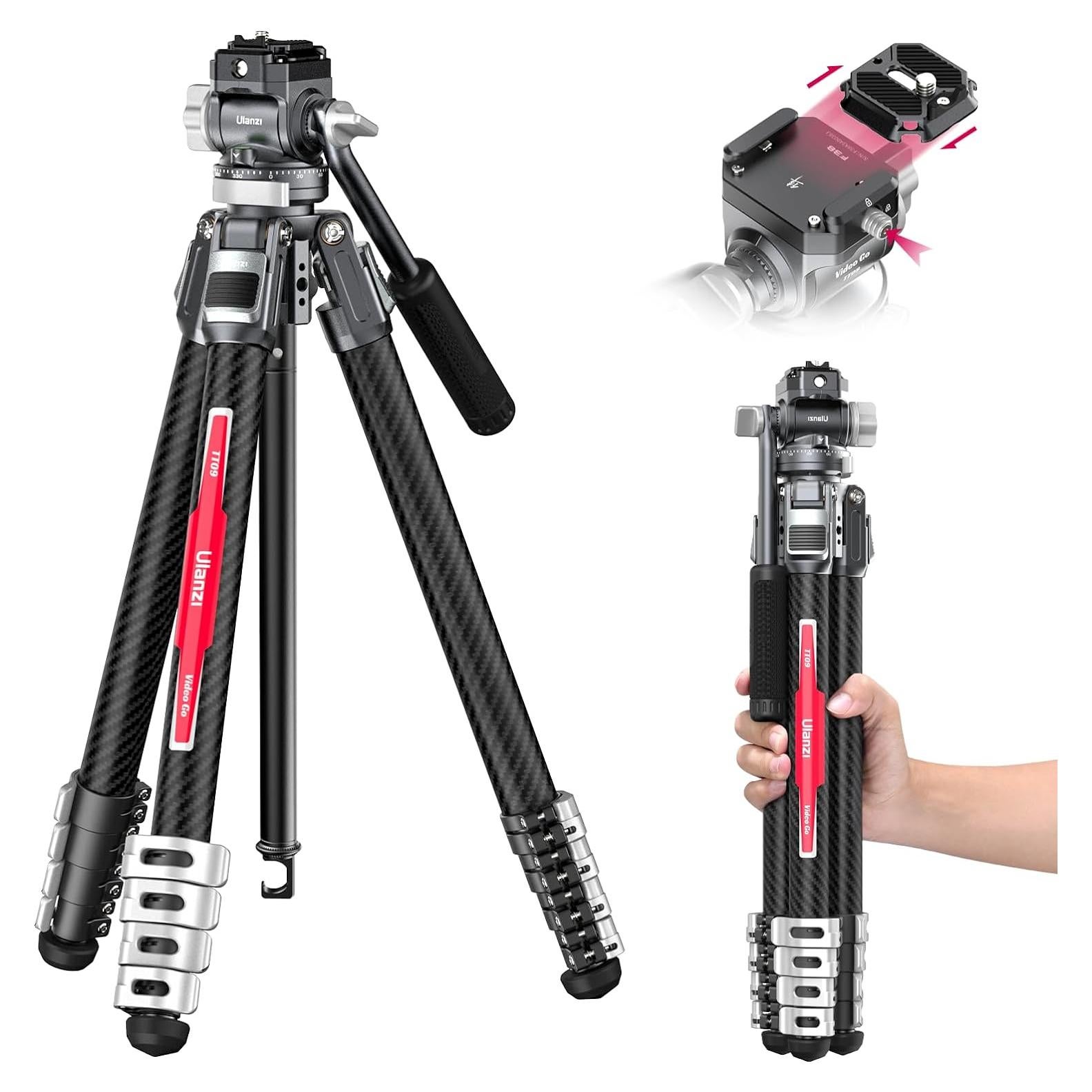 ULANZI TT09 Video-Go Carbon Fiber Travel Camera Tripod w F38 Quick Release Fluid Head, 55.91" Professional Portable Camera Video Tripod, for Canon Nikon Sony Cameras DSLR iPhone, with Bag