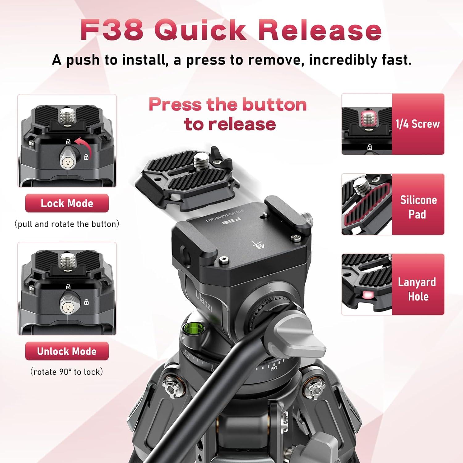 ULANZI TT09 Video-Go Carbon Fiber Travel Camera Tripod w F38 Quick Release Fluid Head, 55.91" Professional Portable Camera Video Tripod, for Canon Nikon Sony Cameras DSLR iPhone, with Bag