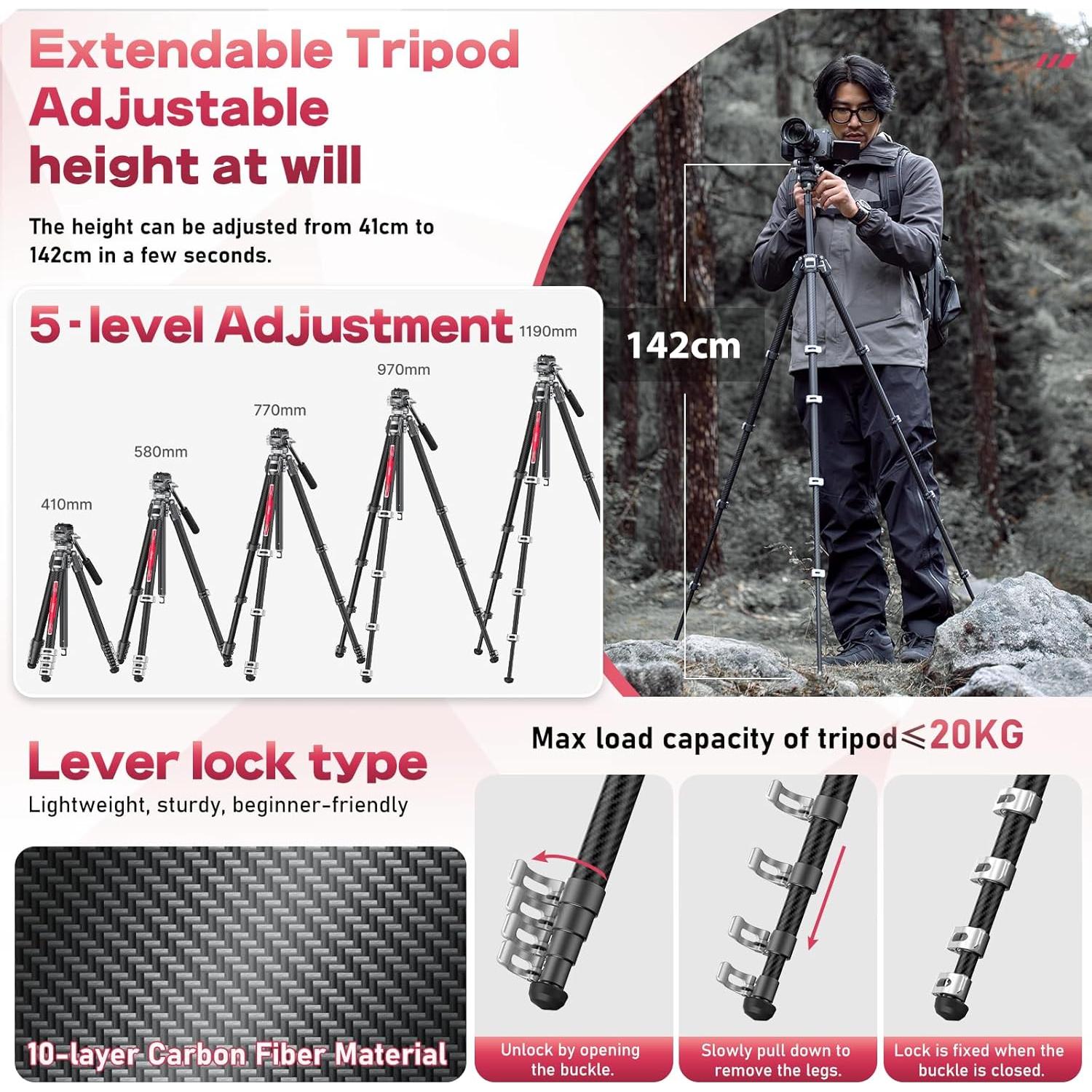 ULANZI TT09 Video-Go Carbon Fiber Travel Camera Tripod w F38 Quick Release Fluid Head, 55.91" Professional Portable Camera Video Tripod, for Canon Nikon Sony Cameras DSLR iPhone, with Bag