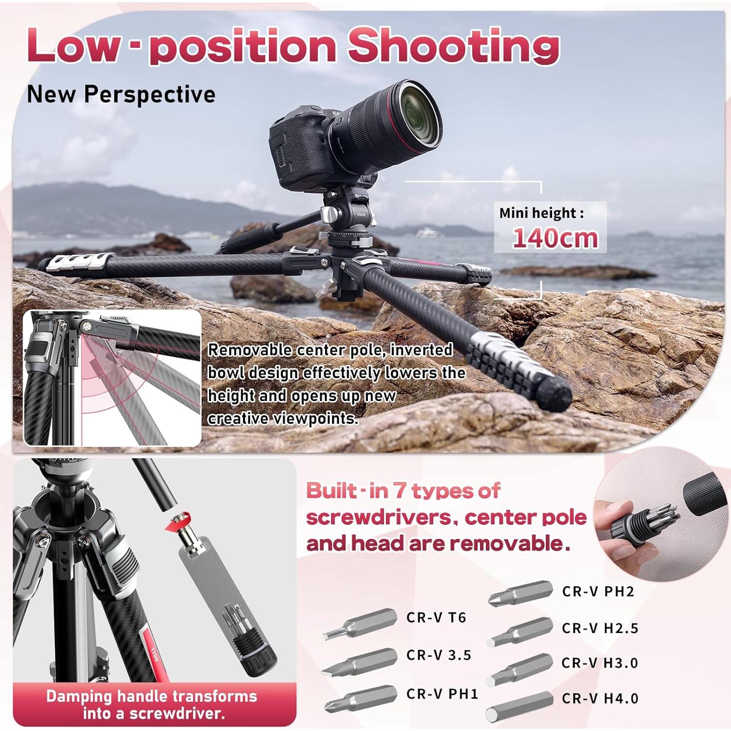 ULANZI TT09 Video-Go Carbon Fiber Travel Camera Tripod w F38 Quick Release Fluid Head, 55.91" Professional Portable Camera Video Tripod, for Canon Nikon Sony Cameras DSLR iPhone, with Bag