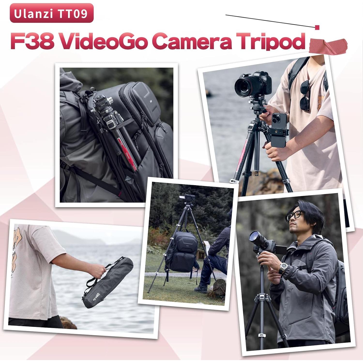 ULANZI TT09 Video-Go Carbon Fiber Travel Camera Tripod w F38 Quick Release Fluid Head, 55.91" Professional Portable Camera Video Tripod, for Canon Nikon Sony Cameras DSLR iPhone, with Bag