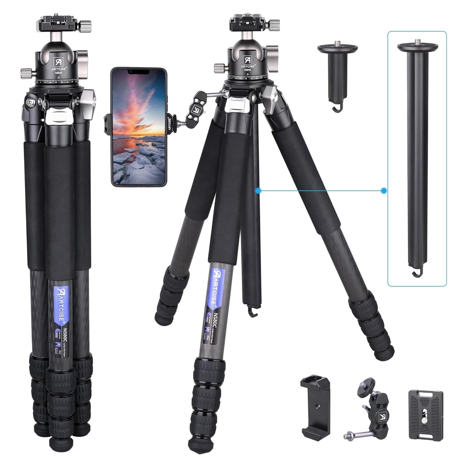 ARTCISE Compact Travel Camera Tripod Special-Shaped Center Column Carbon Fiber Tripod with 46mm Low Profile Ball Head, Professional Portable Camera Heavy Duty Tripod,1.26in/32mm Tube,Max Load 55lbs