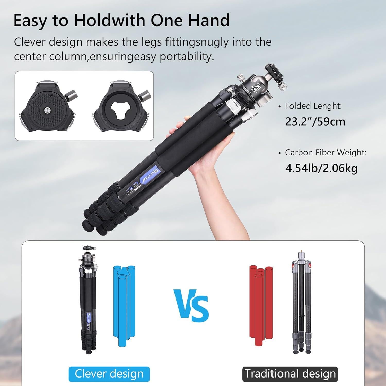 ARTCISE Compact Travel Camera Tripod Special-Shaped Center Column Carbon Fiber Tripod with 46mm Low Profile Ball Head, Professional Portable Camera Heavy Duty Tripod,1.26in/32mm Tube,Max Load 55lbs