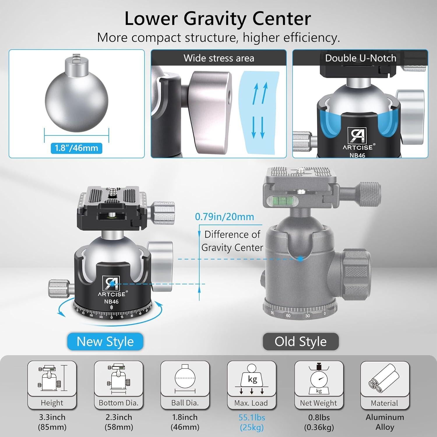 ARTCISE Compact Travel Camera Tripod Special-Shaped Center Column Carbon Fiber Tripod with 46mm Low Profile Ball Head, Professional Portable Camera Heavy Duty Tripod,1.26in/32mm Tube,Max Load 55lbs