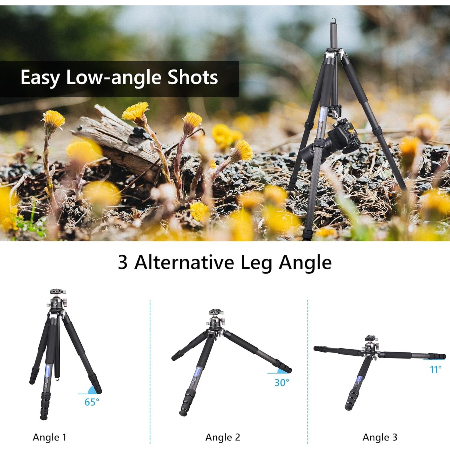 ARTCISE Compact Travel Camera Tripod Special-Shaped Center Column Carbon Fiber Tripod with 46mm Low Profile Ball Head, Professional Portable Camera Heavy Duty Tripod,1.26in/32mm Tube,Max Load 55lbs