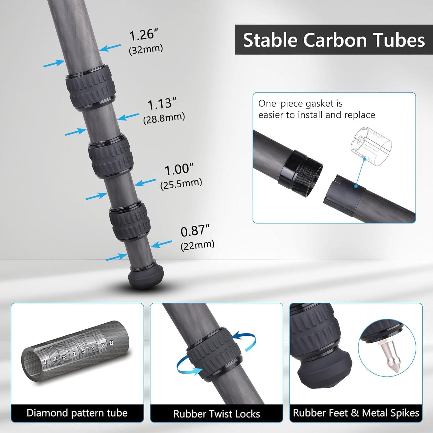 ARTCISE Compact Travel Camera Tripod Special-Shaped Center Column Carbon Fiber Tripod with 46mm Low Profile Ball Head, Professional Portable Camera Heavy Duty Tripod,1.26in/32mm Tube,Max Load 55lbs