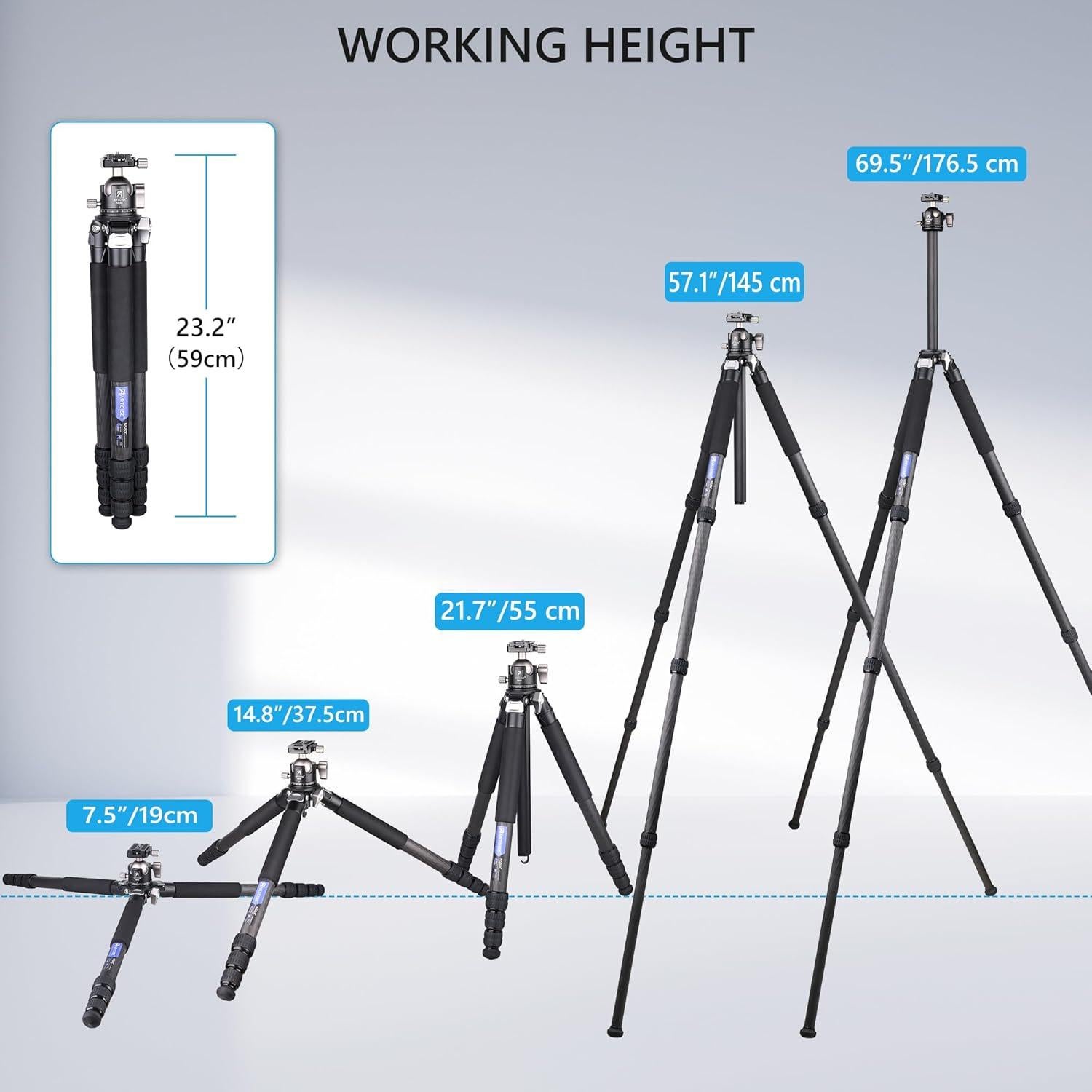 ARTCISE Compact Travel Camera Tripod Special-Shaped Center Column Carbon Fiber Tripod with 46mm Low Profile Ball Head, Professional Portable Camera Heavy Duty Tripod,1.26in/32mm Tube,Max Load 55lbs