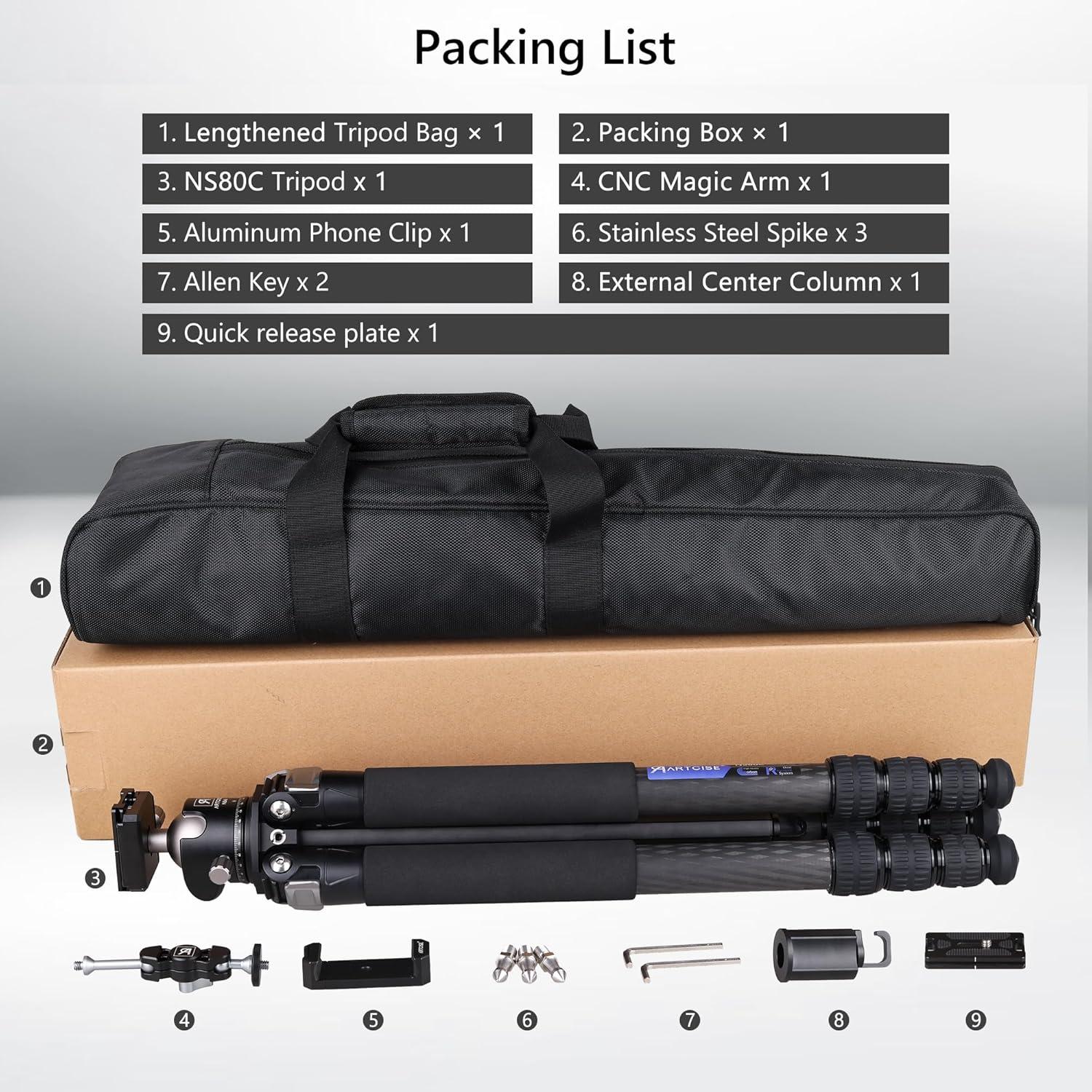 ARTCISE Compact Travel Camera Tripod Special-Shaped Center Column Carbon Fiber Tripod with 46mm Low Profile Ball Head, Professional Portable Camera Heavy Duty Tripod,1.26in/32mm Tube,Max Load 55lbs